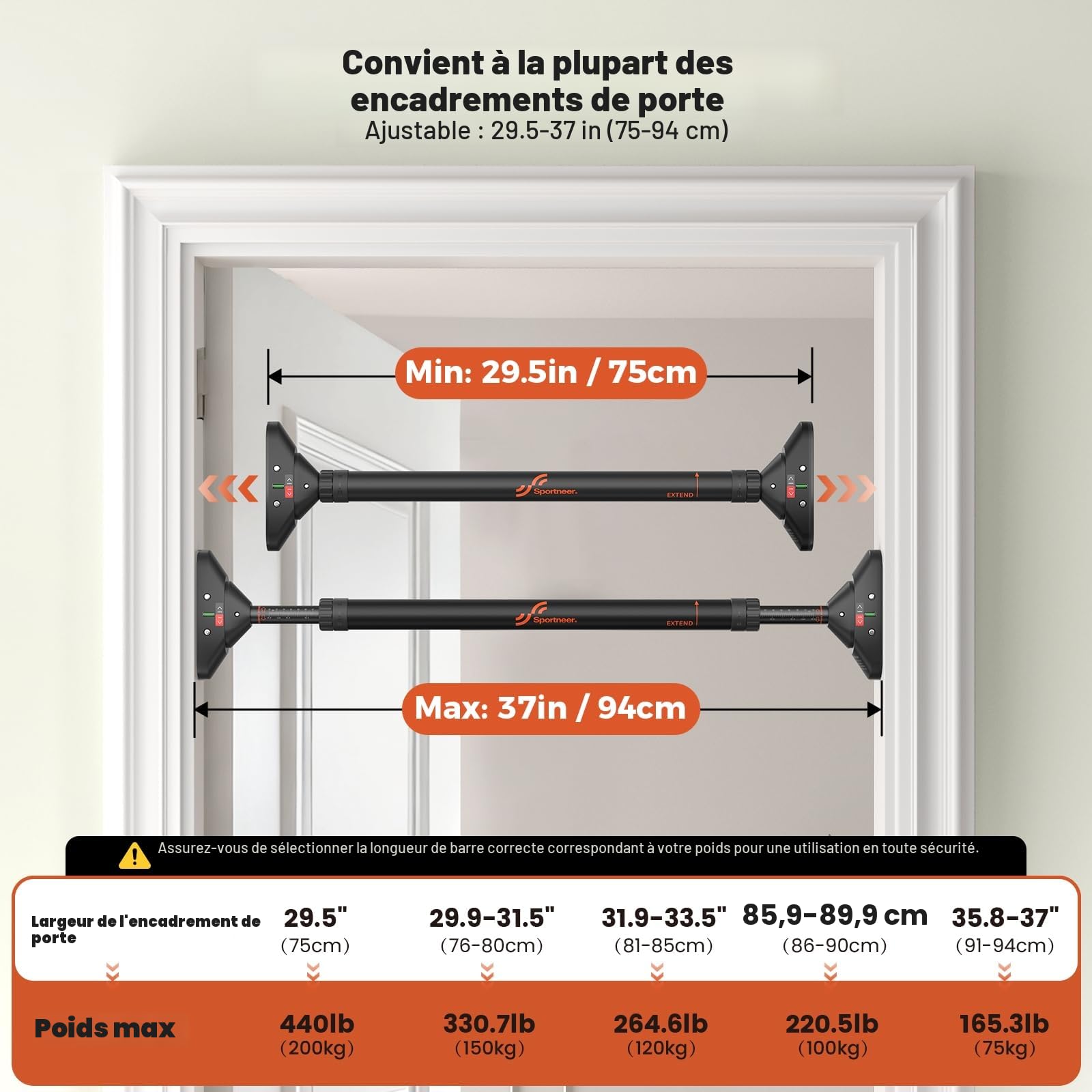 Sportneer Barre de Traction pour Porte sans vis - Barre de Traction réglable de 75 à 94 cm - Jusqu'à 200 kg