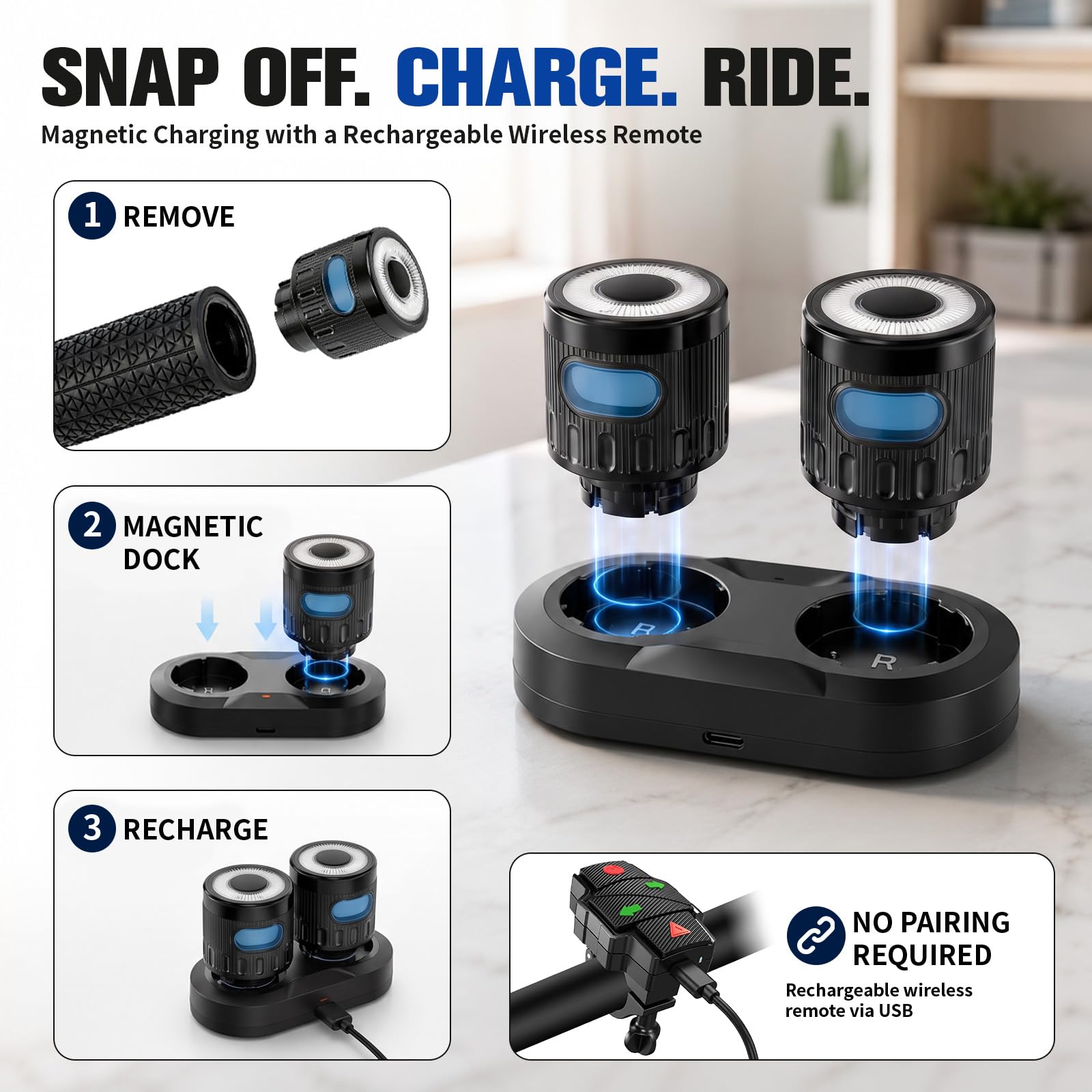 E Scooter Blinker Griff - Roller Blinklicht mit 6 Farbenfrohen Lichtmodi, Magnetischer Ladestation & Fernbedienung, Handlebar Grips, für Xiaomi M365/Pro1/Pro2 Ninebot G30, Scooter Zubehör