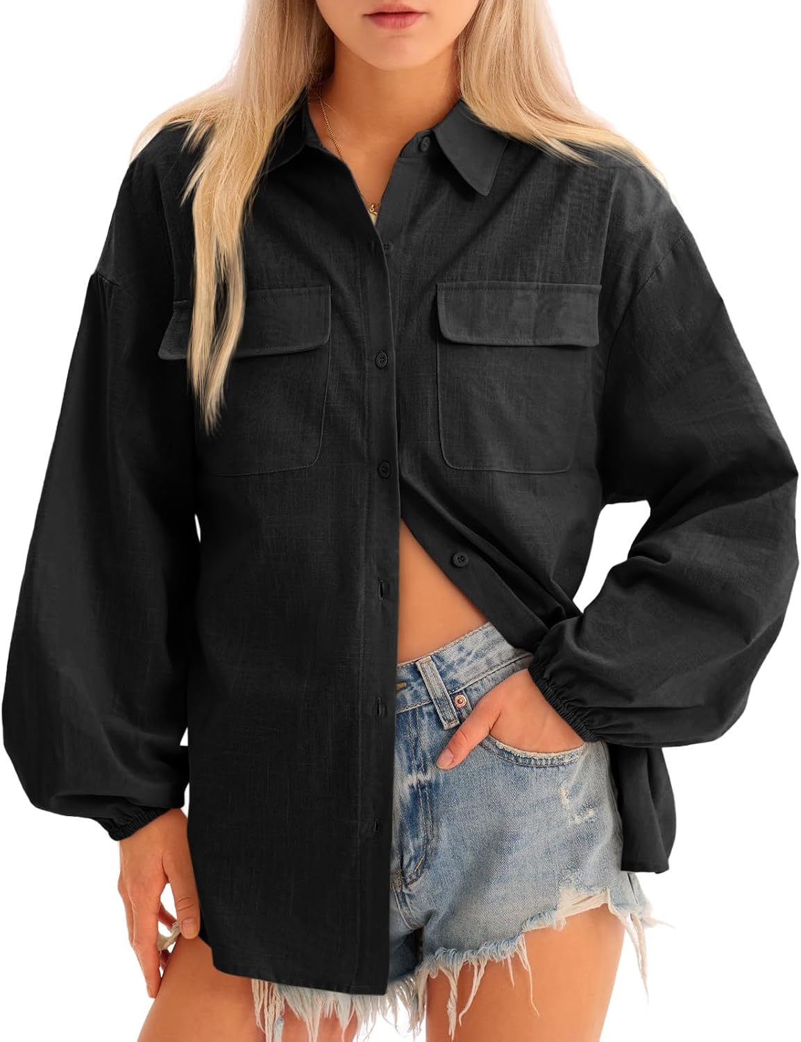 Cicy Bell Womens Oversized Linen Button Down Shirts Puff Long Sleeve Collared V Neck Cotton Blouses Loose Fit Tops - Image 2