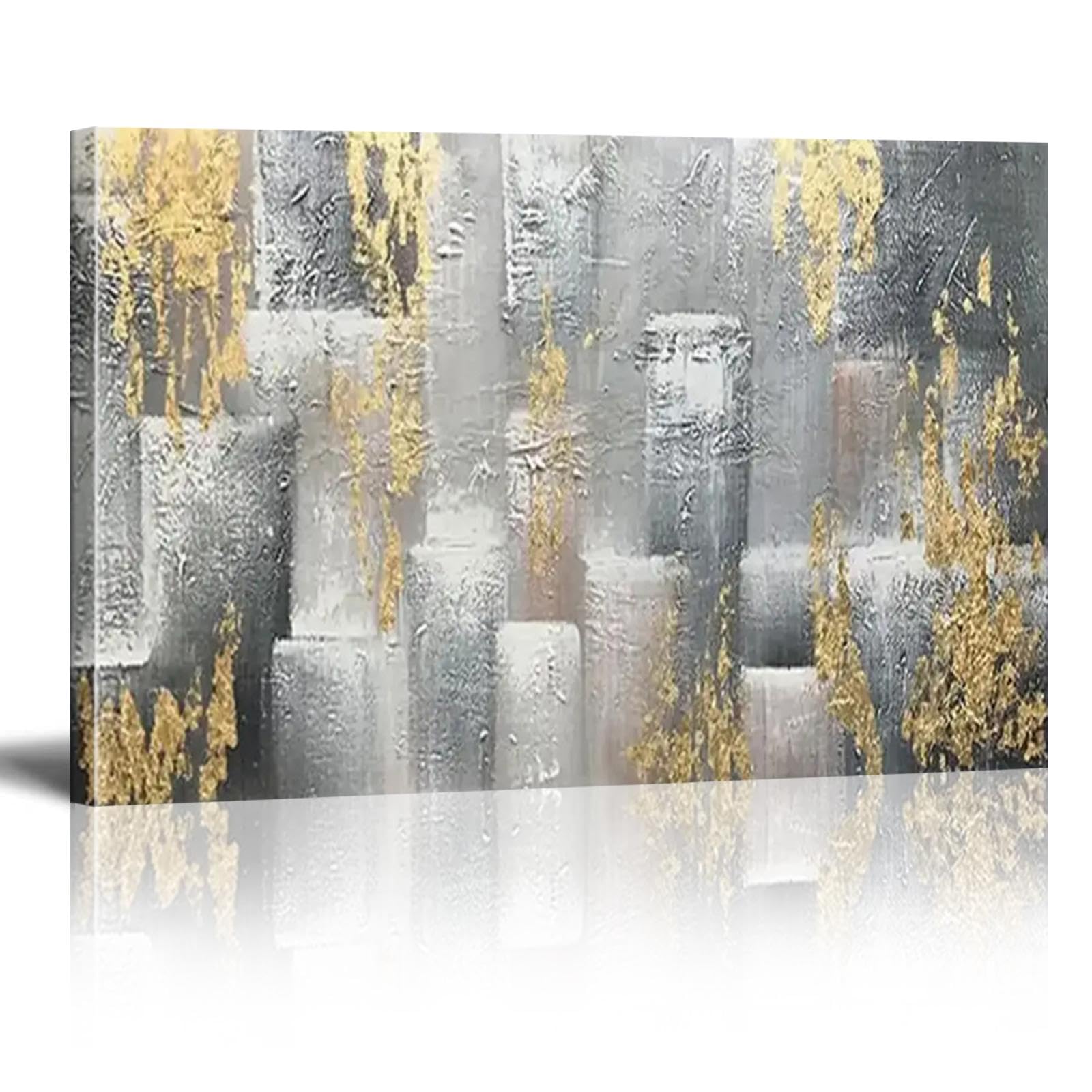 18meng Art Abstrakte Leinwand Bilder Gold Silber Leinwanddruck Wandbilder 80x60 cm XXL Modern Wohnzimmer Schlafzimmer Große Geometrische Kunstdruck Poster Decor Wandbild Aufhängefertig