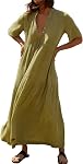 R.Vivimos Womens Summer Cotton Flowy Maxi Dress Short Sleeve V Neck Empire Waist Boho Tiered Ruffle Casual Loose Long Dresses