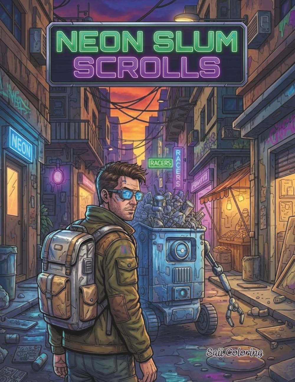 Neon Slum Scrolls: A Cyberpunk Coloring Book for Adults and Teens: Explore Futuristic Cityscapes, Neo-Tokyo Architecture, and Sci-Fi Dystopian Worlds