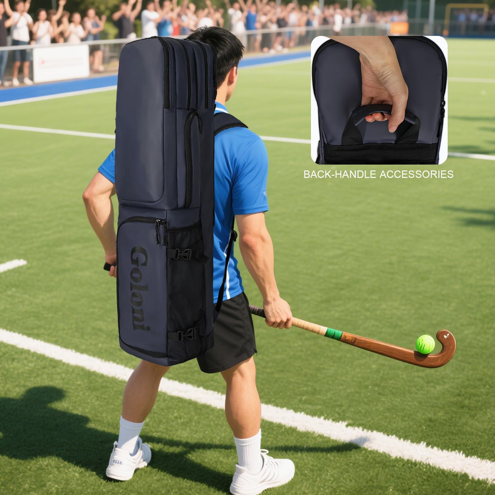 Goloni Feldhockey-Tasche aus Leder mit 4 Schlägern, Rucksack mit unabhängiger Schuhtasche und mehreren Taschen, passend für alle Feldhockey-Ausrüstung
