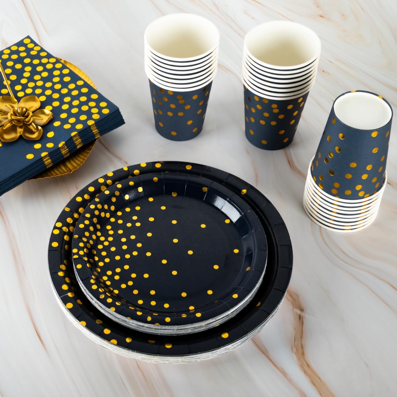 100PCS Navy Blue Party Tableware Set, CEILIWEN Royal Blue and Gold Polka Dot Party Tableware Includes Plates, Napkins, Cups - Image 4