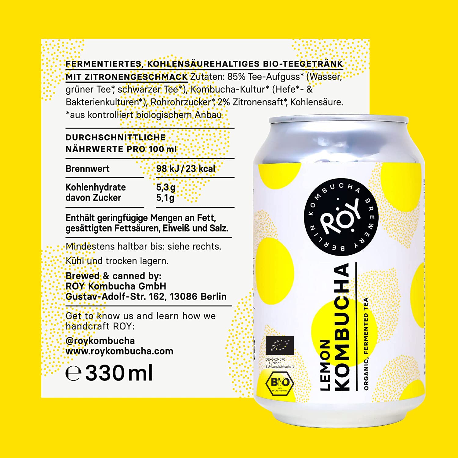 ROY Probierpaket Kombucha Bio mit 5 Sorten, 6 Dosen à 330 ml Bio Kombucha, handgefertigt in unserer Berliner Brauerei, vegan, glutenfrei, laktosefrei, 6er Pack, inkl. 1,50€ Pfand