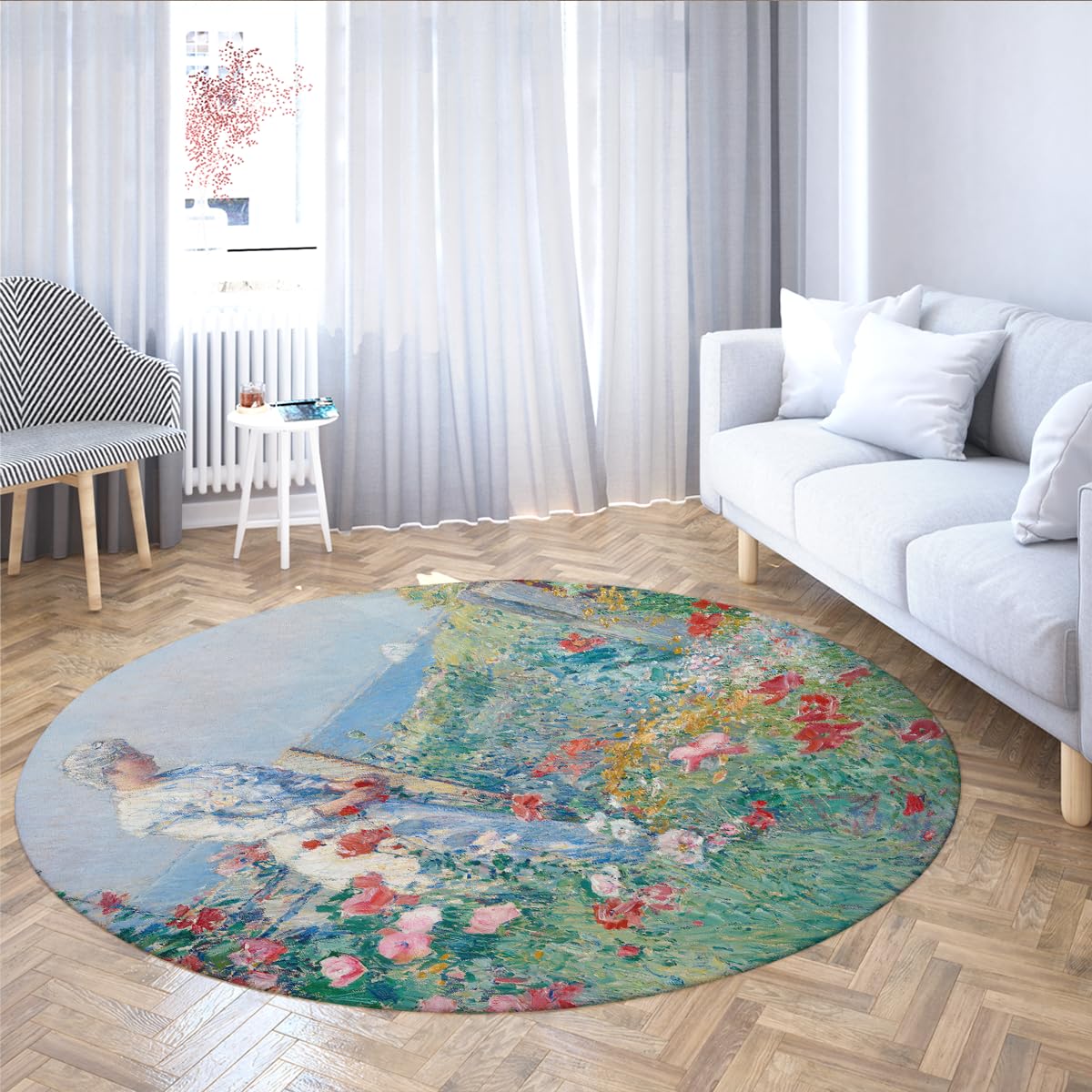 Peinture à l’Huile Style Rond Tapis 100cm dans Le Jardin Imprimer antidérapant pépinière intérieur Lavable Cercle Porte Tapis pour vestiaire Appartement Maison