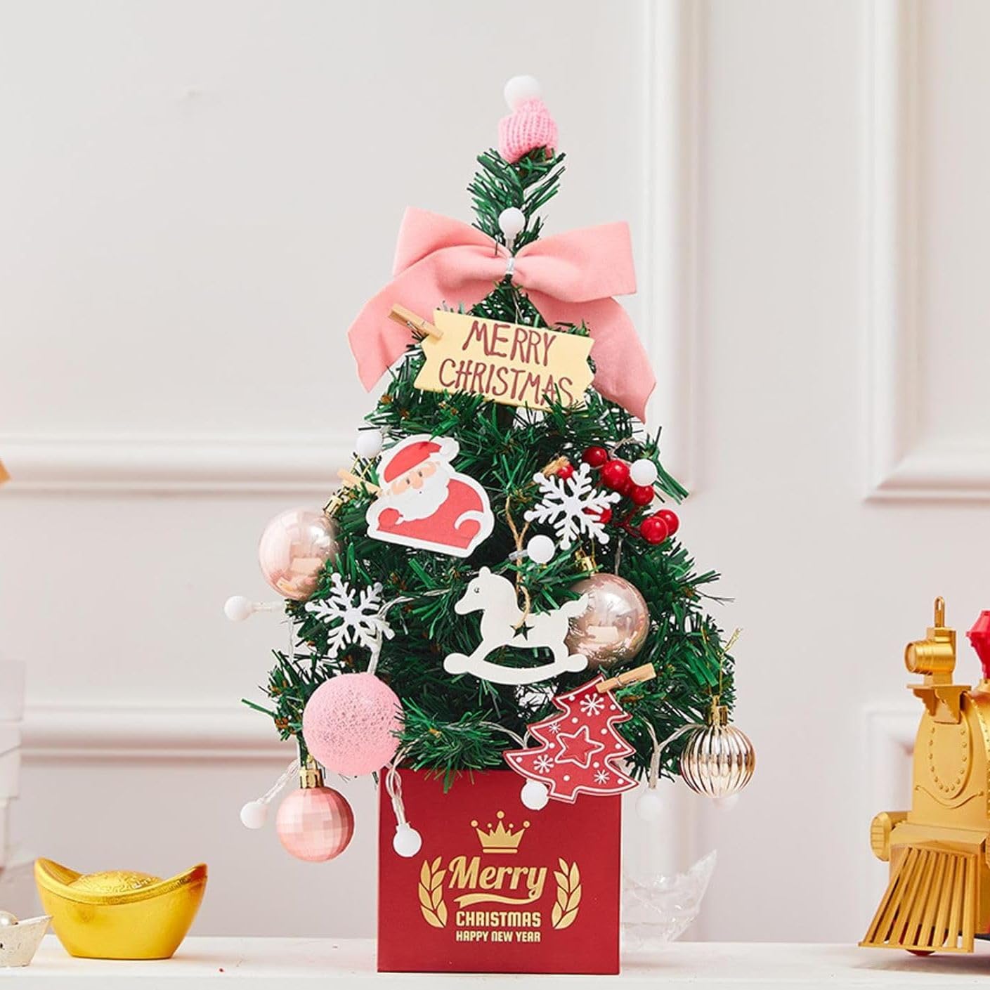 PartySanta Artificial Christmas Tree with Ornaments| 45cm| Table Top DIY Christmas Tree Home Office Shop Decoration, Merry Christmas. (Baby Pink)