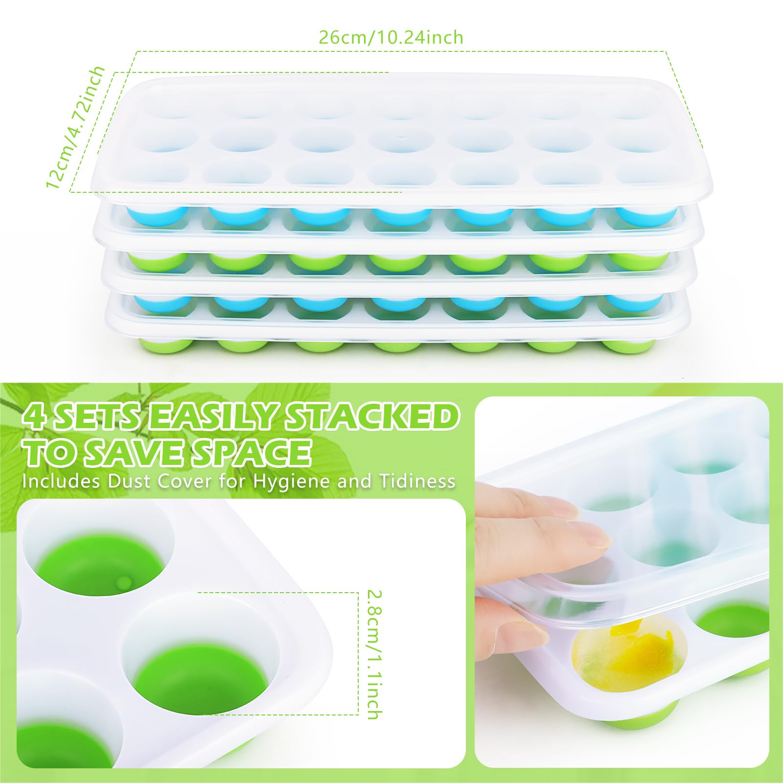 4 Bacs à Glaçons En Silicone Avec Couvercle QOUBNIC - Sans BPA, Empilables, 84 Glaçons Ronds - 5