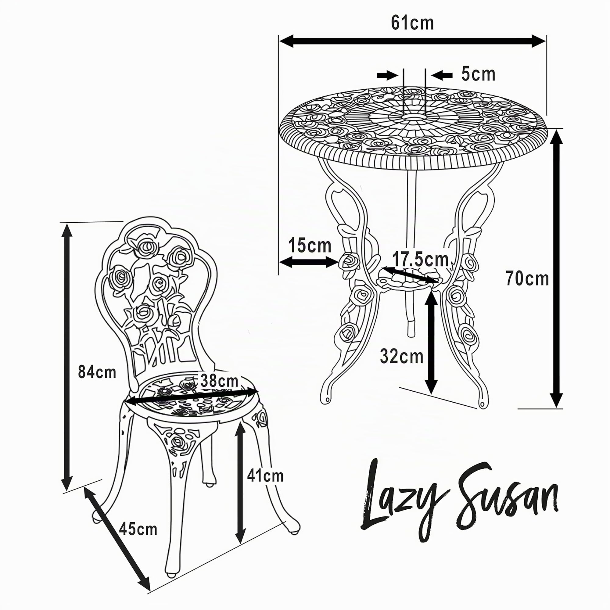 Lazy Susan London Rose Ensemble de Meubles de Jardin Rond 2 Places 60 cm Aluminium résistant aux intempéries Finition Blanche