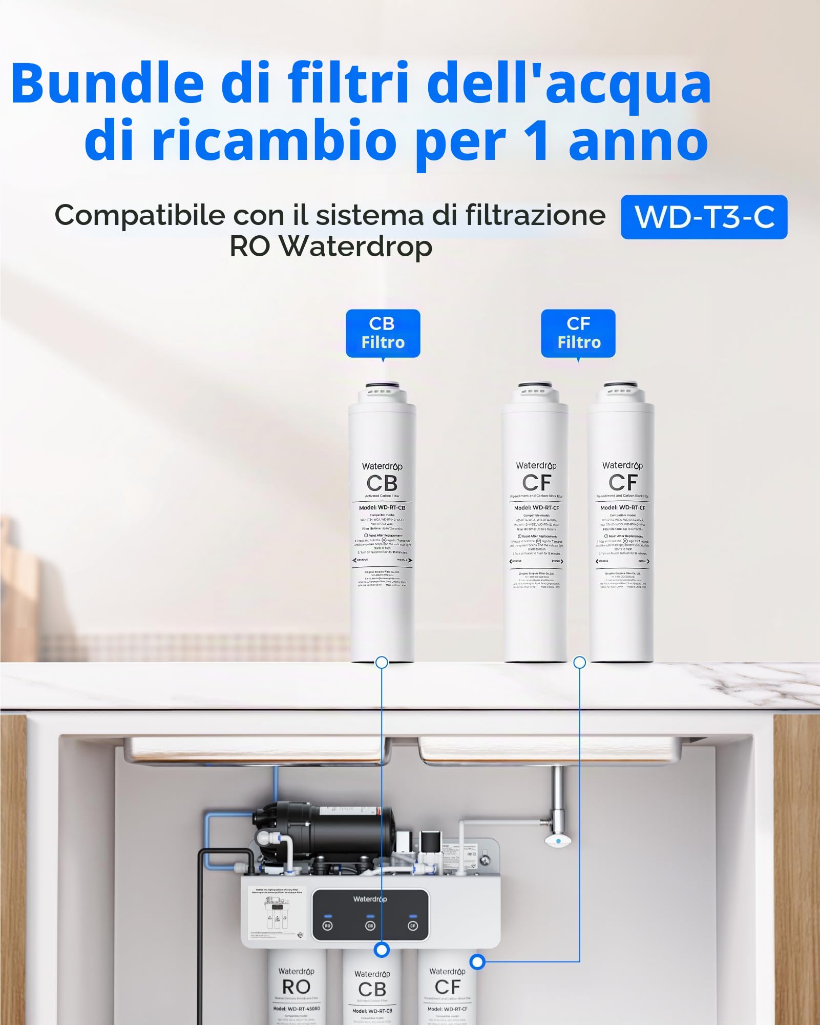 Waterdrop RT-2CFCB Kit Filtri per Sistema RO T3-C senza Serbatoio