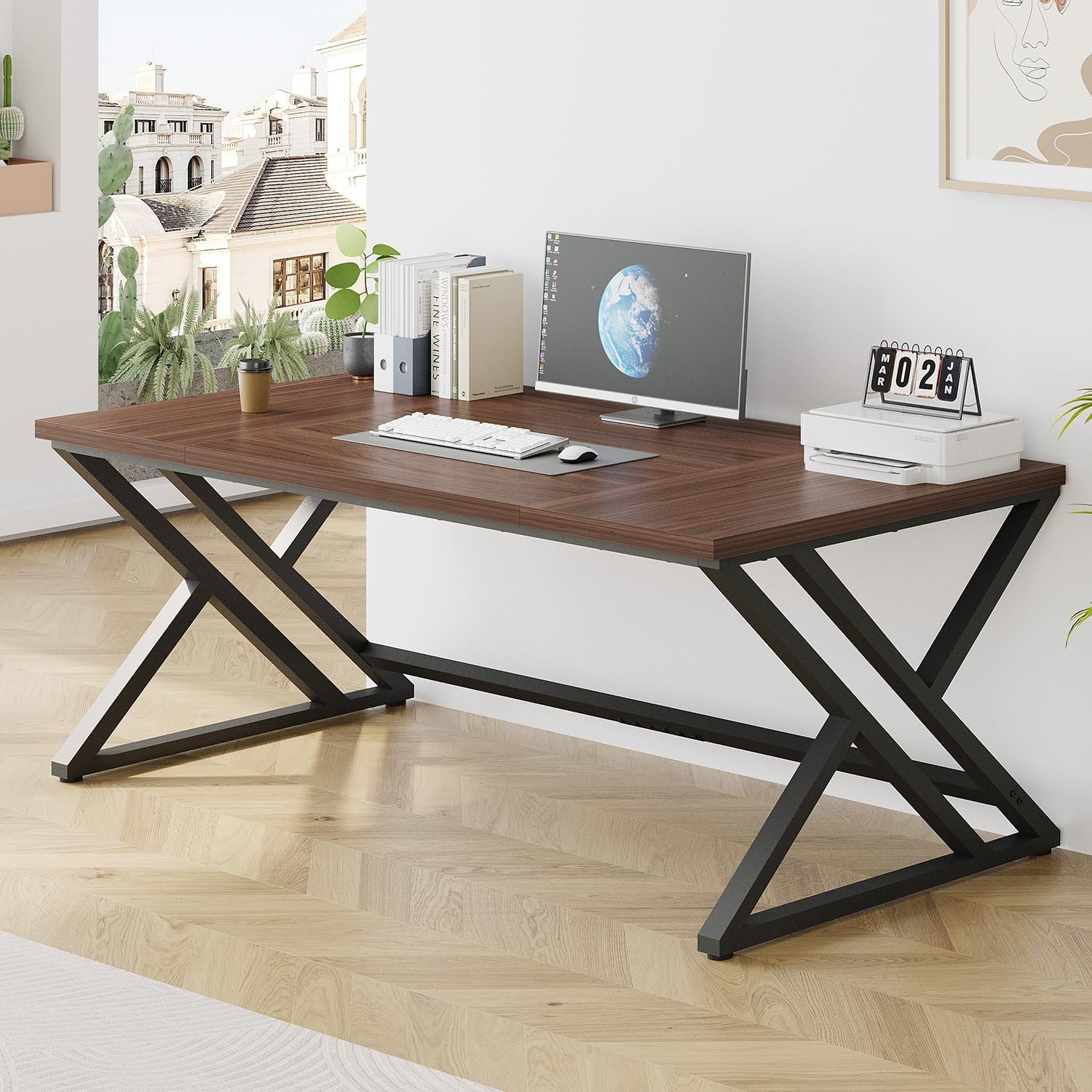 LVB Scrivania grande per computer, scrivania da ufficio, per casa, ufficio, studio, gaming, PC, tavolo in legno, metallo, mobili da ufficio, design industriale, grigio scuro, 180 x 80 x 75 cm