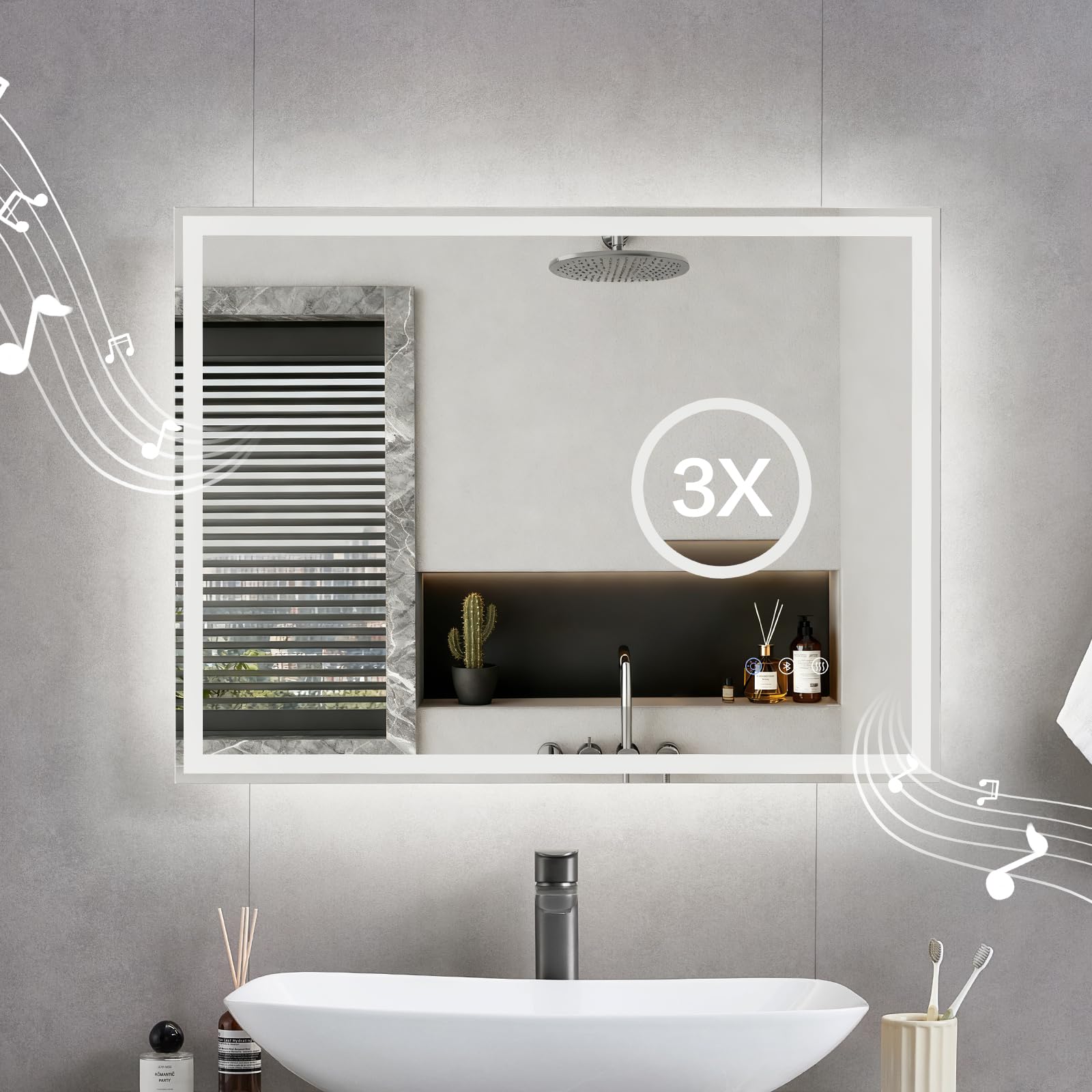 Miroir Salle de Bain avec Eclairage Bluetooth 70x50cm, Miroir LED avec Loupe 3X, Anti-buée, 3000K/4000K/6500K, Dimmable, Mémoire, IP44, Douille, Horizontal/Vertical