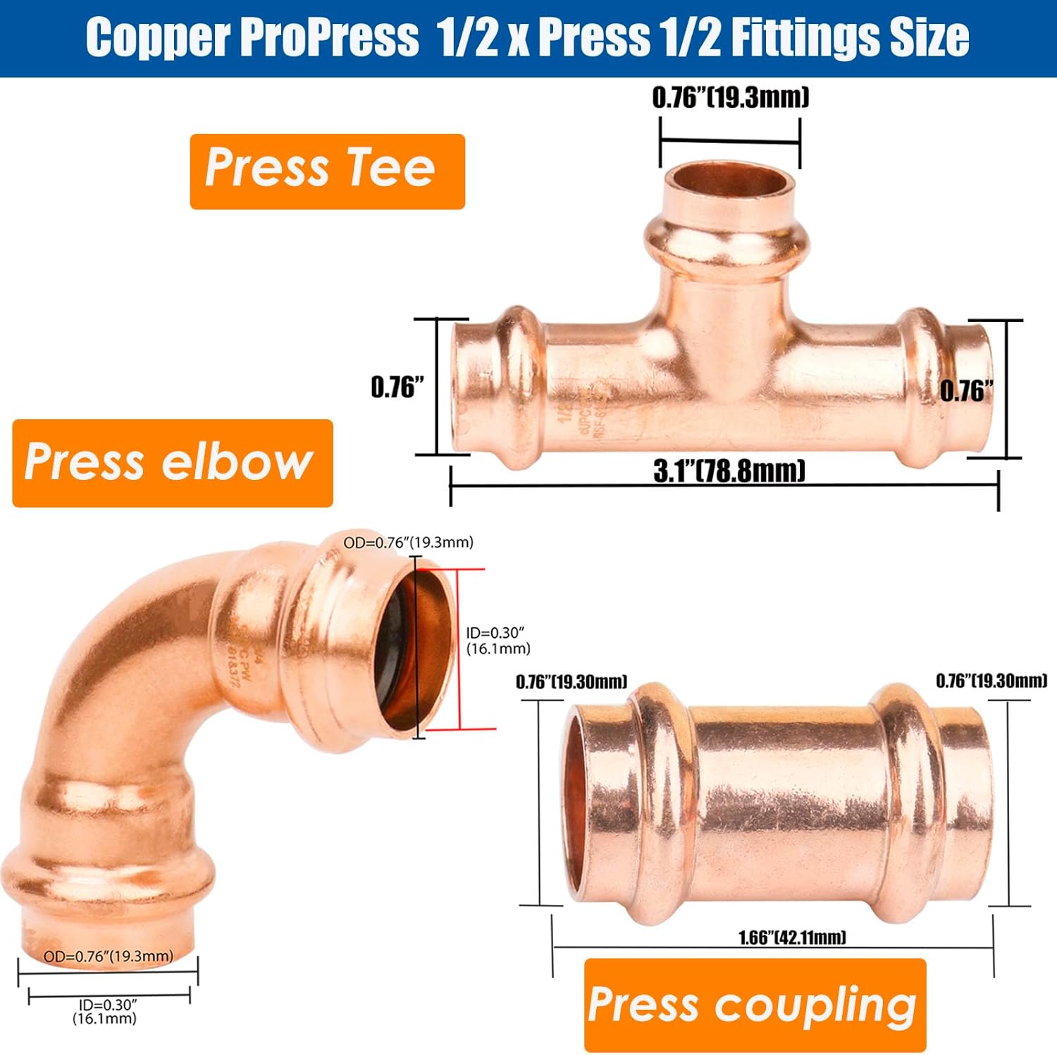 WHK 12 Packs 1/2" Copper Press Fittings Kit,5 PCS Pro press Coupling Fittings,4 PCS Press 90 Degree Elbow with 3 PCS Tee use for Connect Copper Pipe