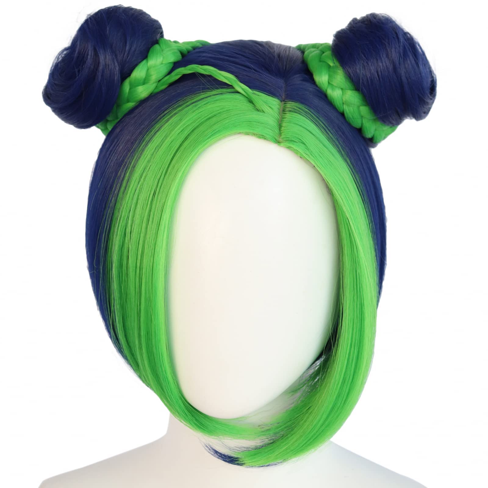Anogol Hair Cap+ Jolyne Cujoh wig Green Ink Blue Wigs Short Costume Wig Buns Braids Synthetic Hair Fringe Hairstyles For Anime Cosplay Costume Wig for Halloween