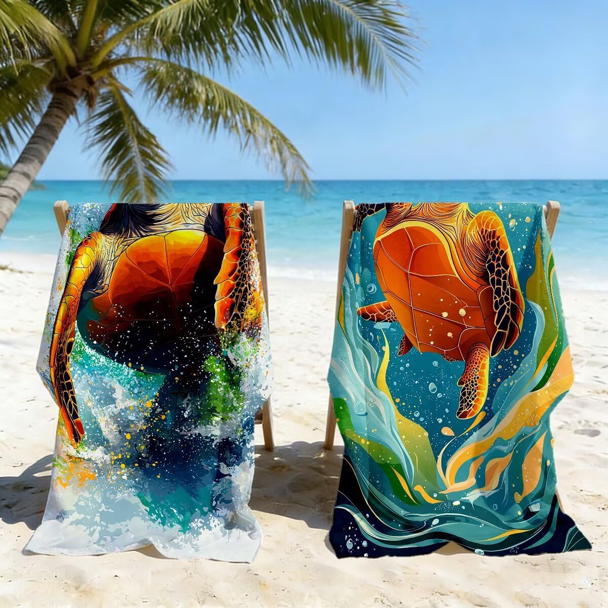 Ręcznik plażowy XXL, 100 x 220 cm, zestaw 2 sztuk, z mikrofibry, żółw, szybkoschnący, do sauny, fitness, bez piasku, ręcznik plażowy, do sauny, duży na prezenty -4501