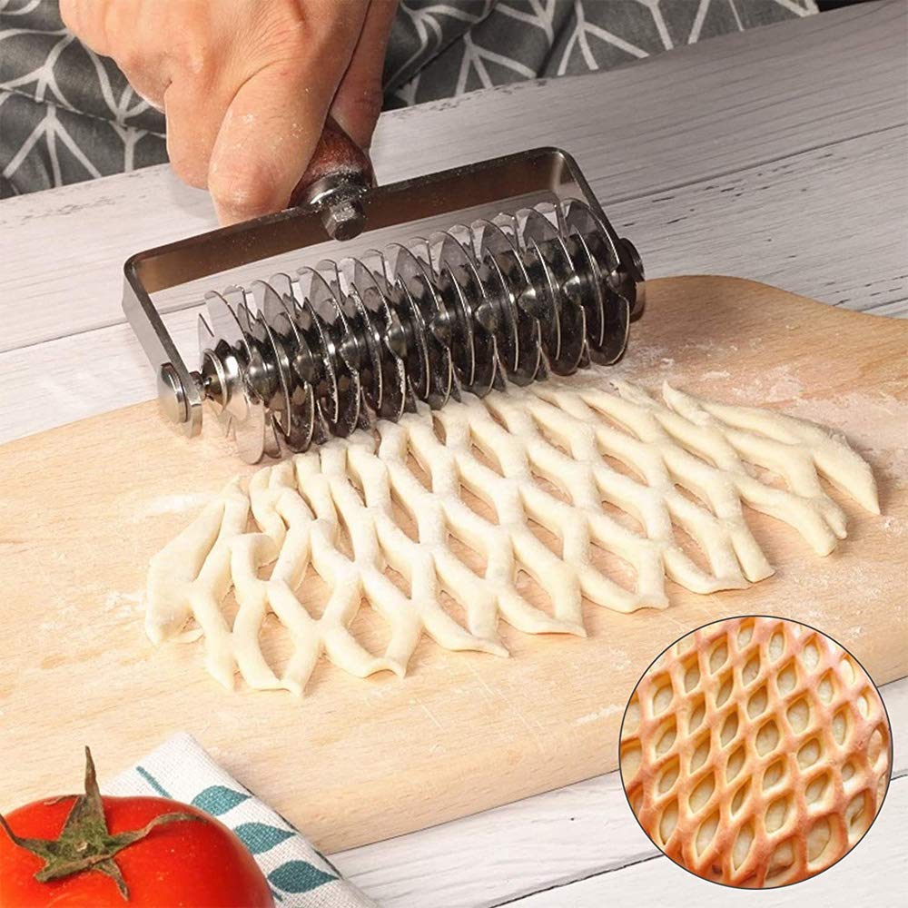 Rullo Tagliapasta Per Reticolo Qivine - In Acciaio Inox Con Manico Legno, Per Biscotti, Torte, Pane - Foto 6