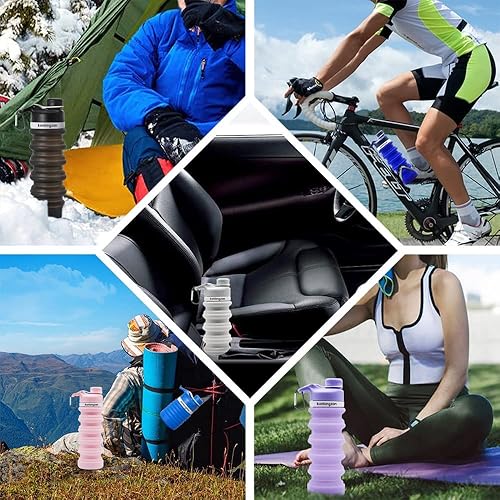 Miniatura 5 de Botella de agua plegable de silicona, botellas de agua plegables de viaje, 18.6 fl oz con mosquetón, botellas de agua deportivas portátiles para