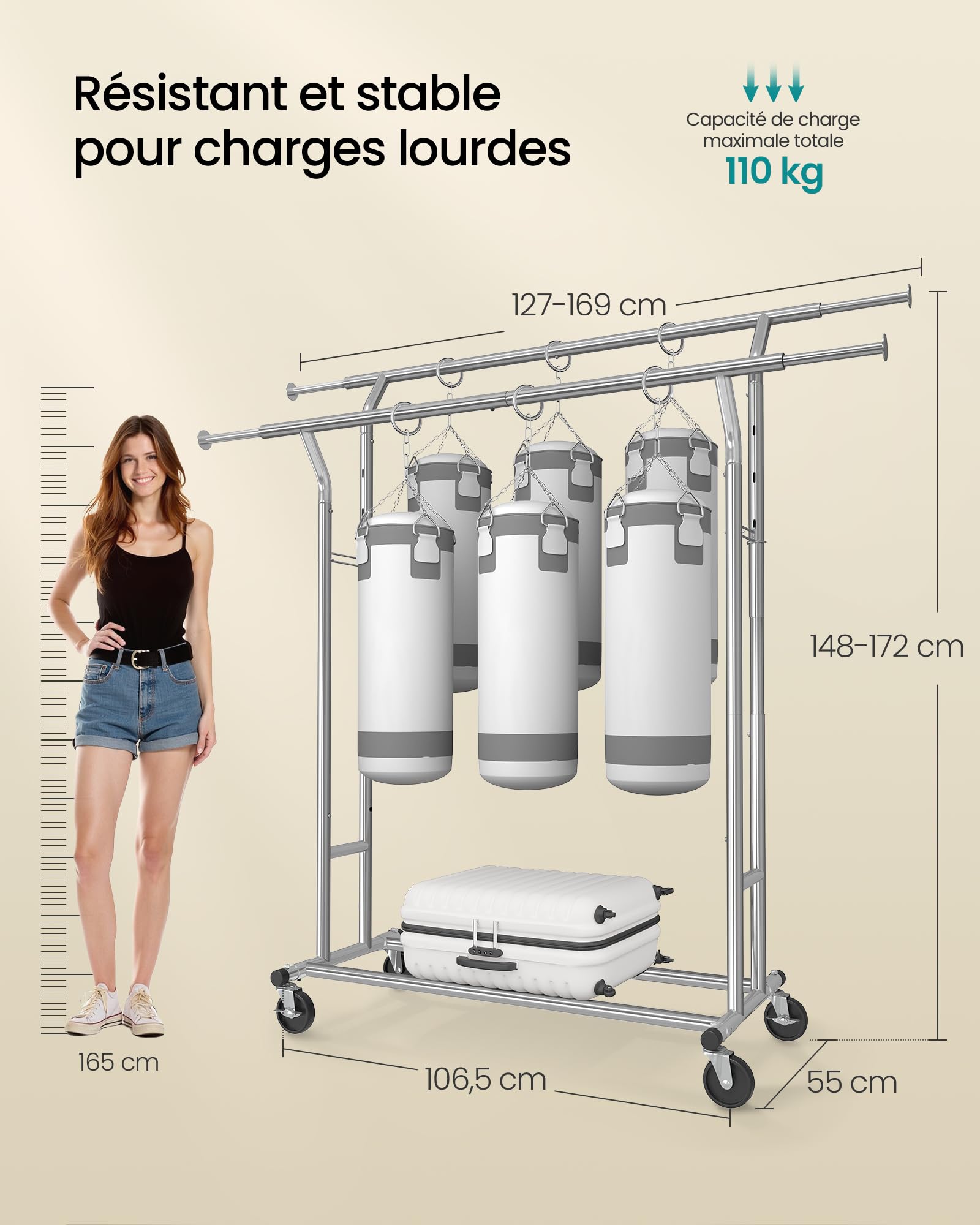 SONGMICS Portant à vêtements, Penderie métallique, Charge Max,110 kg, Double Barres Extensibles, Hauteur réglable, Mobile, avec roulettes, Mètal chromé HSR12S