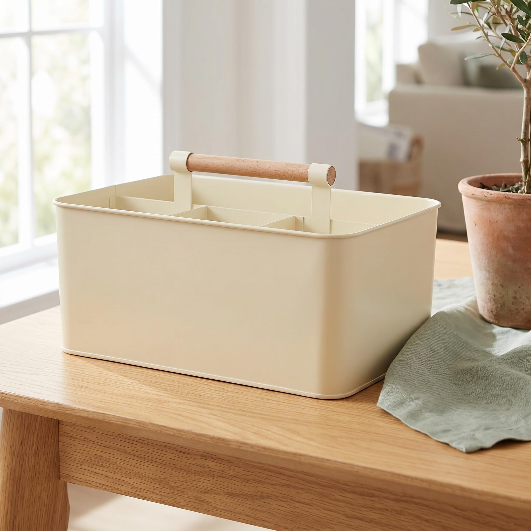 Cesta Organizadora de Herramientas de Jardinería Cesta Metálica Beige con 4 Compartimentos y Mango de Madera de 33x17.5x13 Cm para Plantación Interior y Exterior