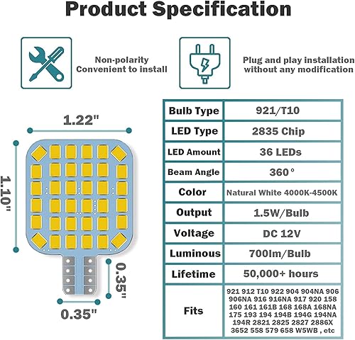 Miniatura 4 de 20 bombillas LED para interior de caravana T10 921 922 912 194, bombillas LED superbrillantes, iluminación de repuesto 36-SMD 2835 4500K blanco