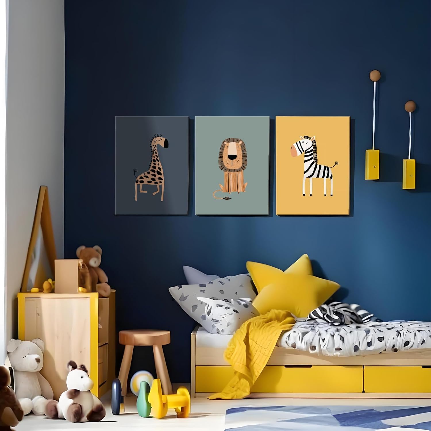 Kids Room 3Pcs Framed Giraffe Lion Zebra Wildlife Jungle Artwork Wall Art Decor Canvas Print Wall Painting Poster Cute Cartoon Gallery Baby Bedroom Playroom Nursery Decor 12x16 Inch Ready to Hang