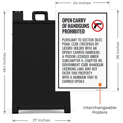 Miniatura 3 de Open Carry Of Handguns Prohibited Texas Penal Code Section 3007 Sidewalk Sign Kit 24x36 Inches With A Frame Stand Made in USA by Sigo Signs