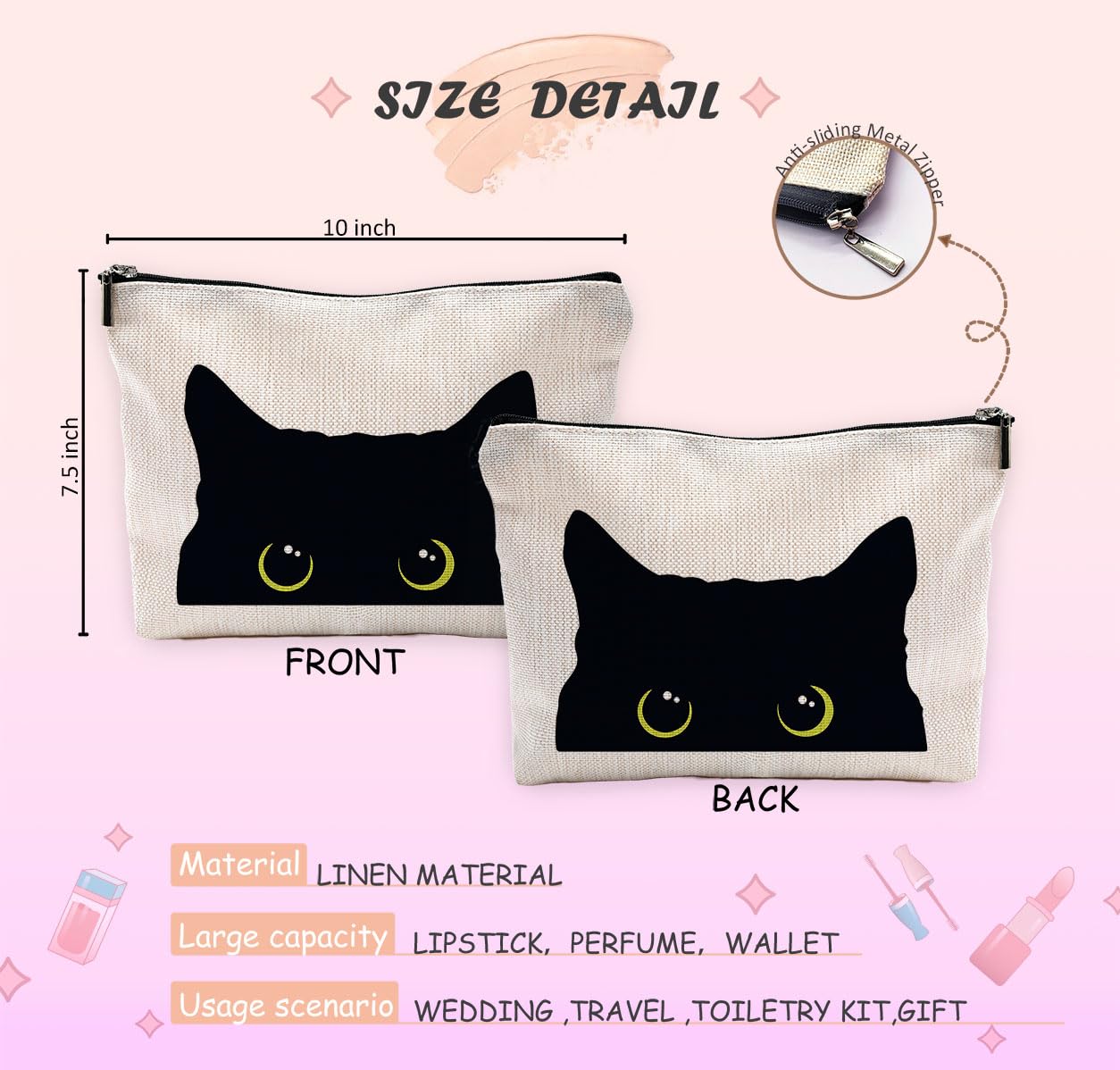 NEGIGA Black Cat Makeup Bag - Kitty Cosmetic Bags for Women, Cat Lovers Gifts, Cat Mom Gifts, Small Makeup Bag for Purse