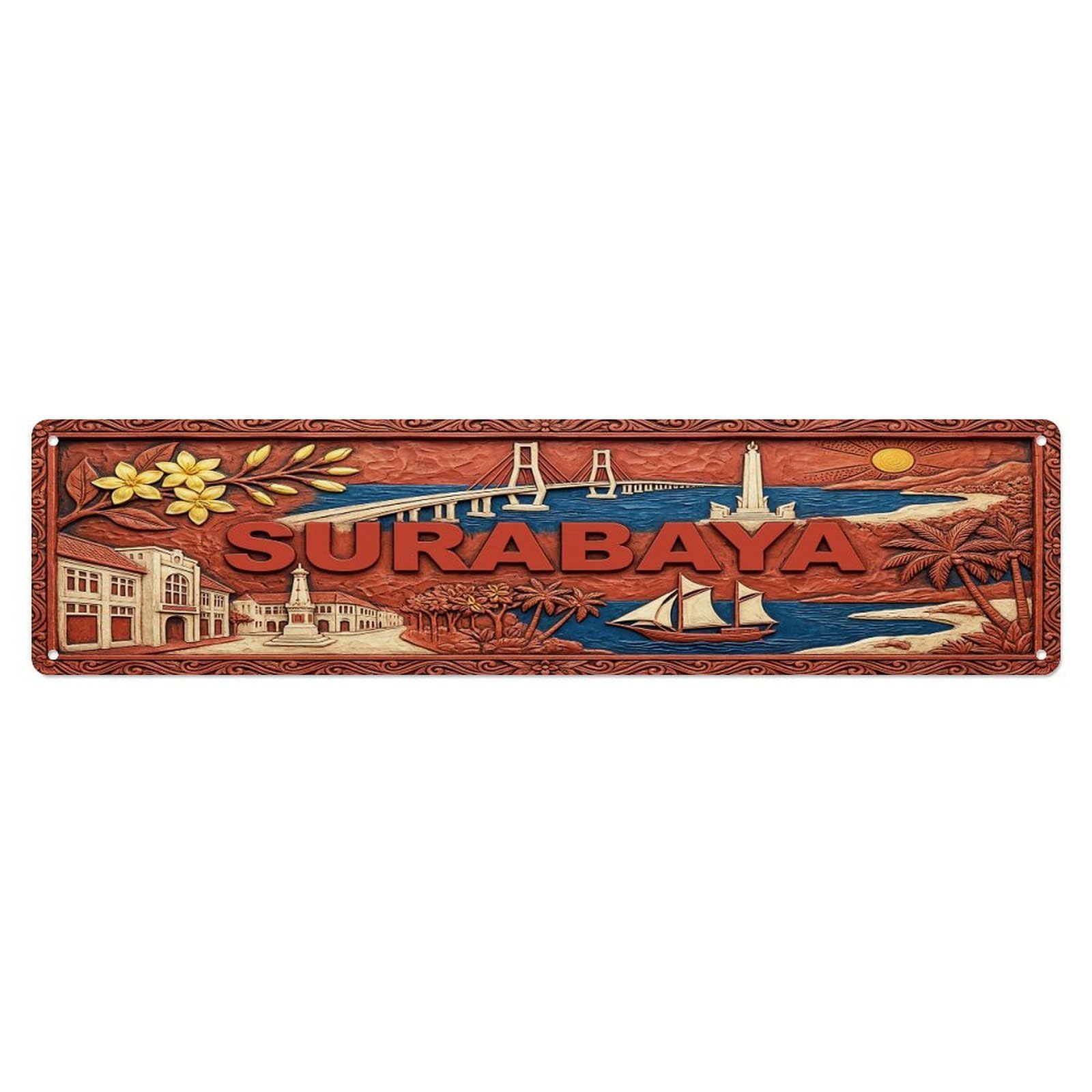 Cwbufd Vintage Style Vintage Surabaya Indonesia Flag Pattern Vintage Metal Tin Sign Plaque Wall Decor For Cafe, Club Bar, Office, Garden Metal Poster 4X16inch