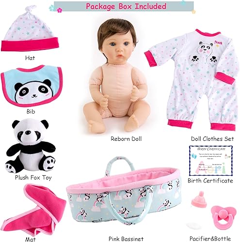 Vista 7 de Aori Lifelike Reborn Baby Dolls Blue Bassinet 18 inch Realistic Newborn Girl Doll in Soft Vinly and Weighted Body with 9-Piece Panda Gift Set