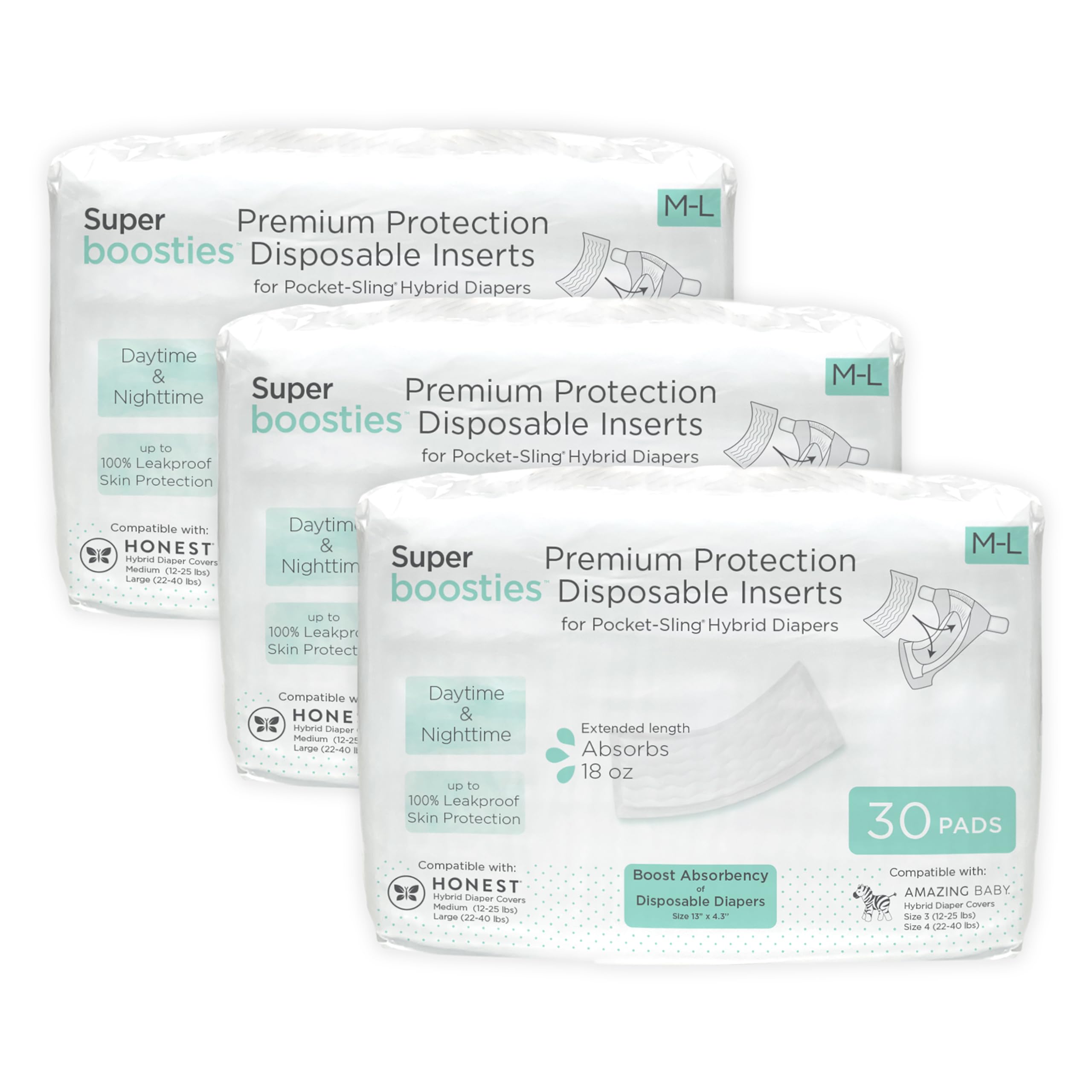 Overnight Diaper Leak Stopper, Super Boosties Disposable Inserts, Use with Pampers Sizes 4-6, Honest Hybrid Diaper Cover Sz Med/Large, Amazing Baby Cover Sz 3/4, 4.3x13 in, 90 Count