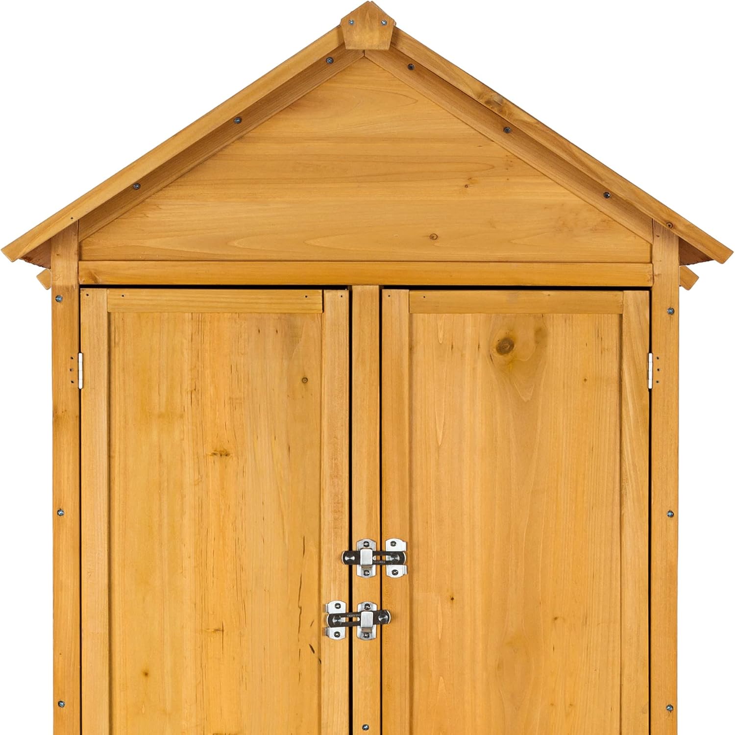 Close-up of the green bitumen gable roof on the tectake Kadi Garden Cabinet