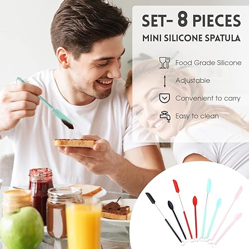 Miniatura 6 de Mini espátula de silicona 8 piezas juego de raspadores de goma pequeños para maquillaje tarro delgado para cocina cuchara pequeña flexible para