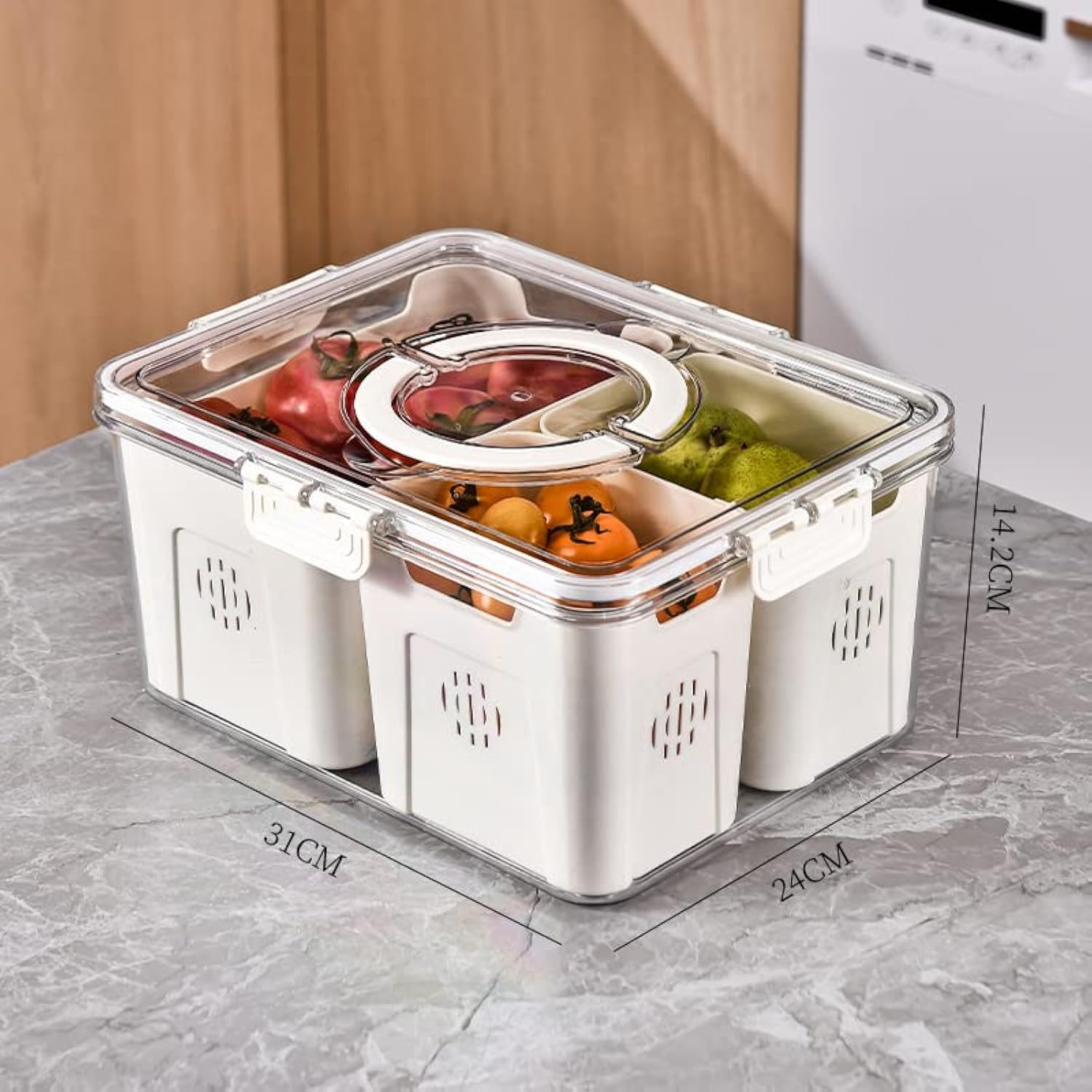 Refrigerator Organizer Box, Food Storage Container Fruit Storage Bin with 3 Drain Basket in One Container, Stackable Vegetable Strainer Box High-Capacity with Lid with Handle 1 Box/Set of White