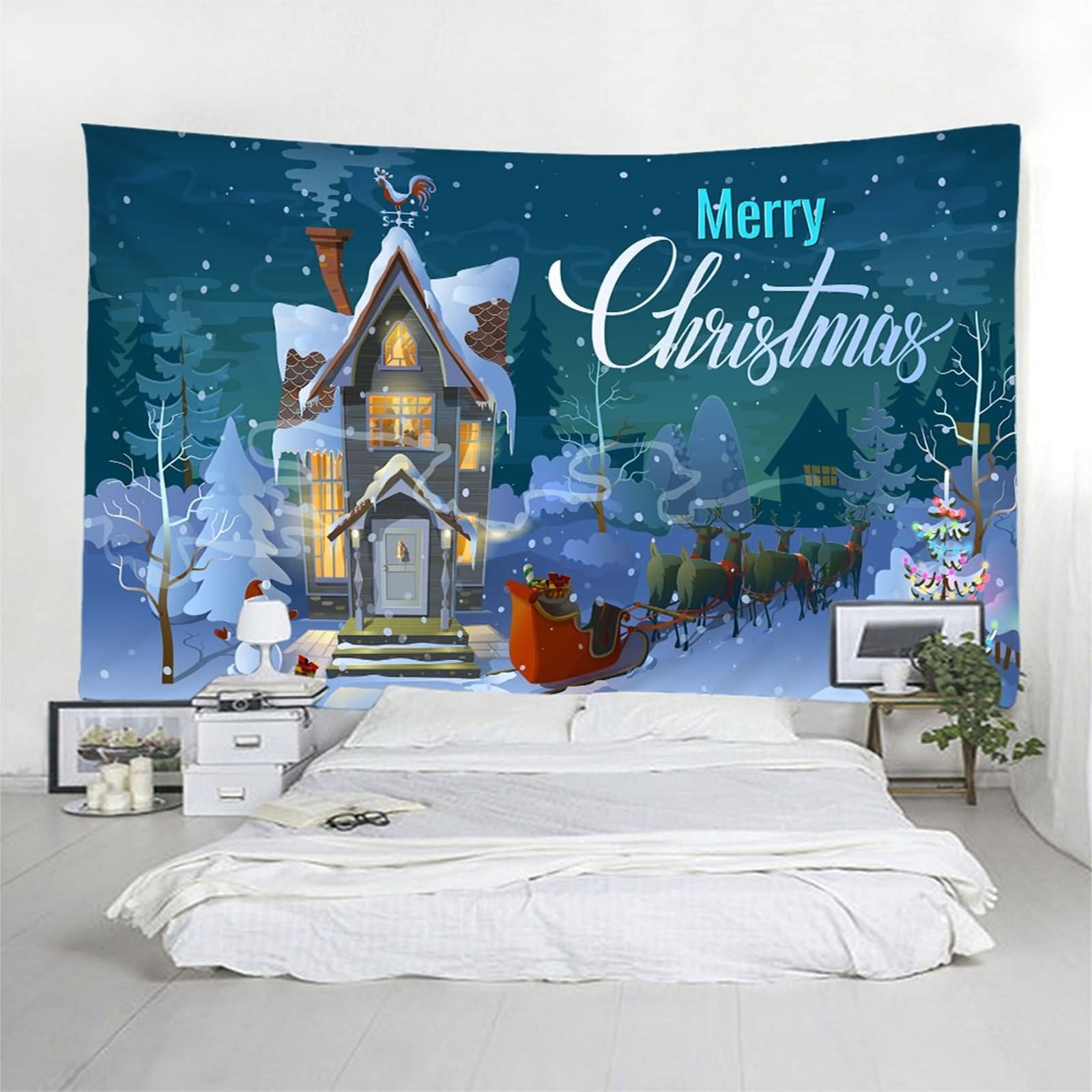 Tapiz Tela, Tapiz Navideño Ciervo Muñeco de Nieve con Árboles y Casa Azul Verde Blanco Poliéster 200X200cm