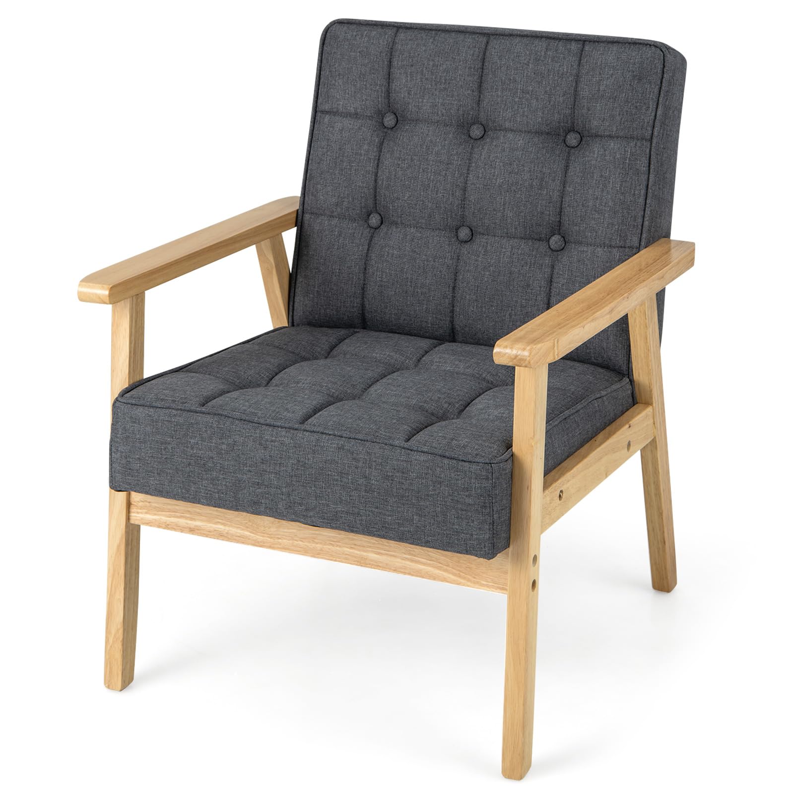 COSTWAY Fotel do salonu, tapicerowany, nowoczesne krzesło akcentujące z podłokietnikami z drewna gumowego, pojedyncza sofa do salonu, sypialni (kolor szary)
