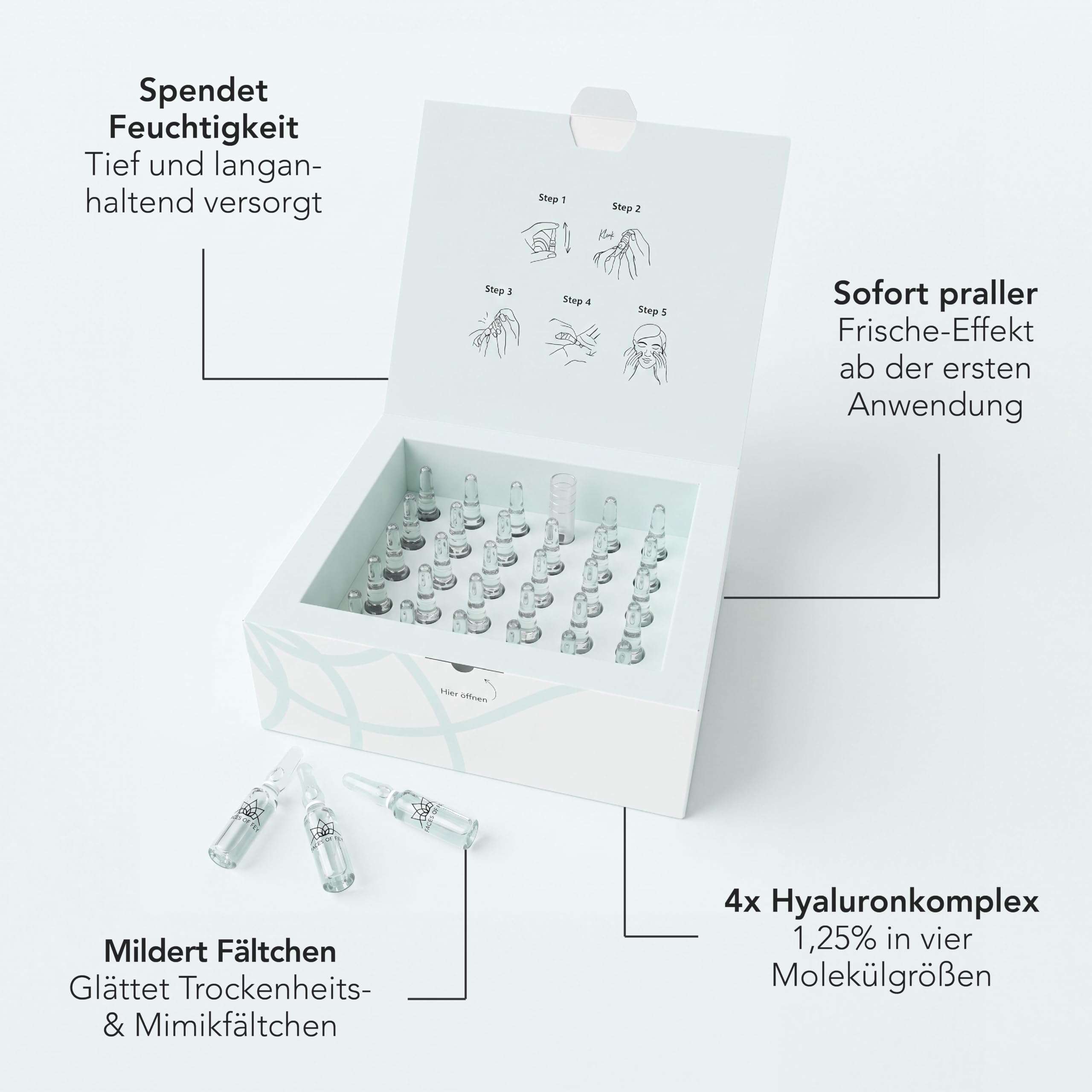 Hyaluron Booster FACES OF FEY - 30x1,3ml Ampullen mit 1,25% Hyaluronsäure 4-fach-Komplex - Dermaroller & Microneedling Serum fürs Gesicht - intensive Feuchtigkeit gegen Trockenheitsfältchen, vegan