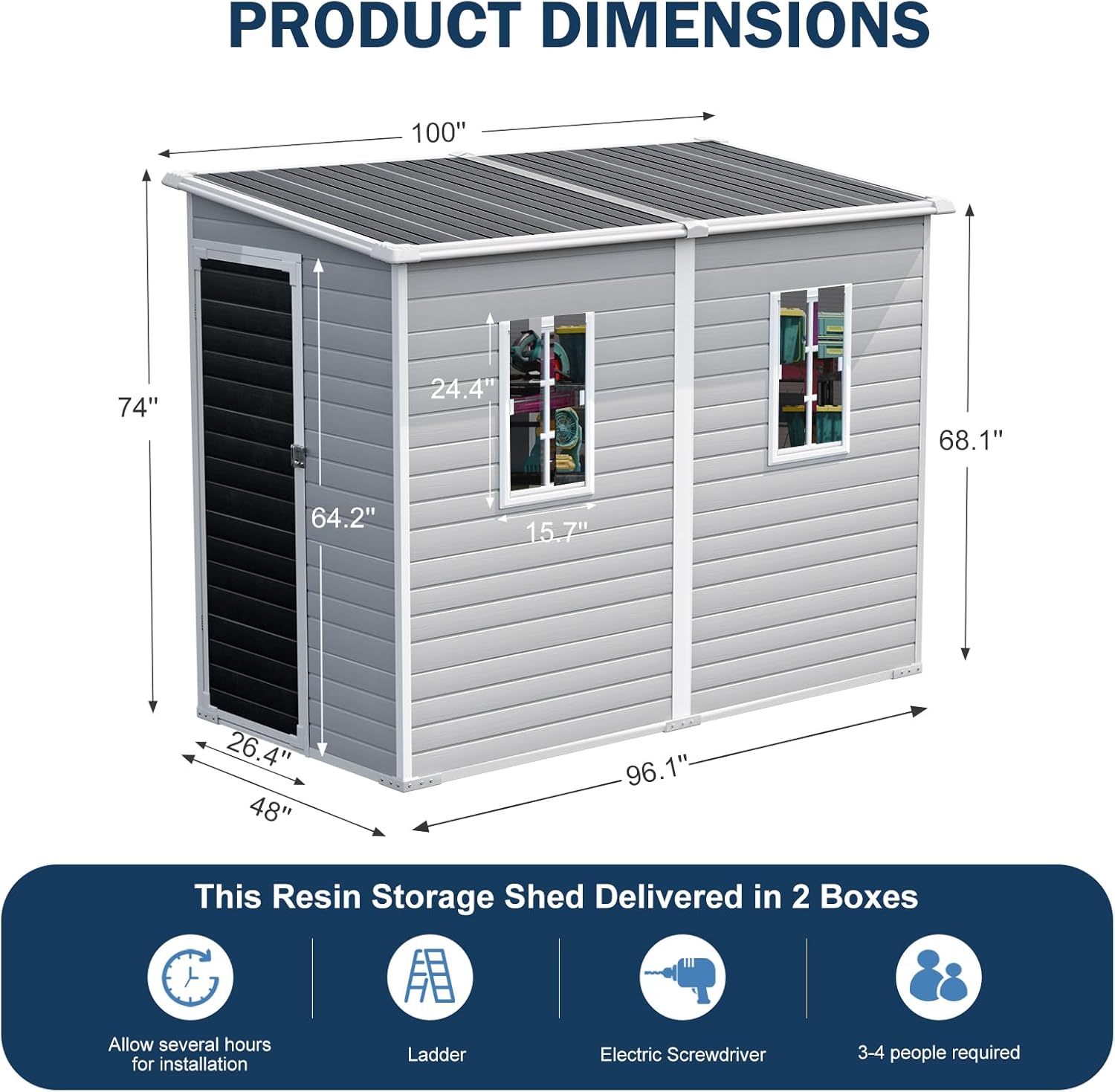 CDCASA 4x8 FT Resin Storage Shed with Floor Included, Waterproof Outside Plastic Storage Sheds with Base, 2 Adjustable Openable Windows,for Backyard Patio Lawn, Dove Gray