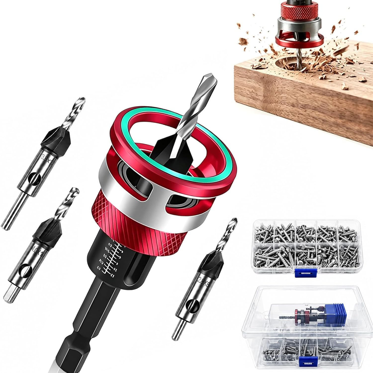 Countersink Drill Bit Set with Depth Stop, for Woodworking, Plywood, MDF and Particle Board DIY Projects, 5 Two-Flute TCT Tapered Bits with Adjustable Collar, 82 Degree, 1/4-Inch Hex Shank