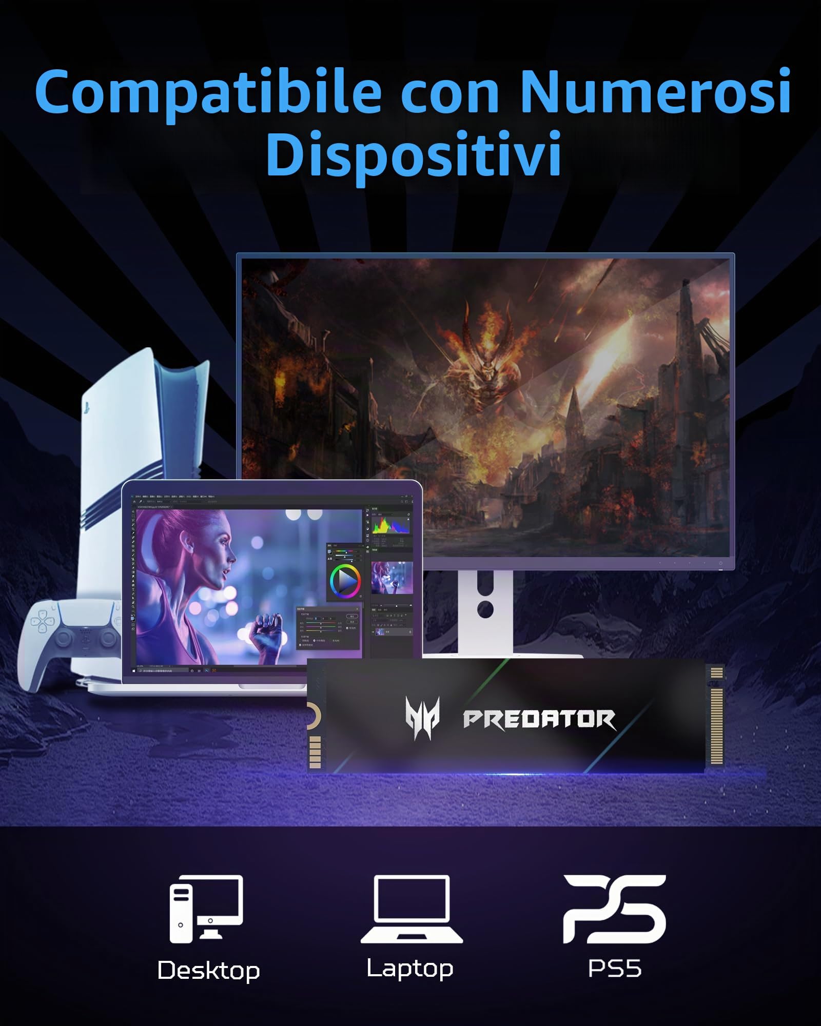 Acer Predator GM7000 Unità SSD interna da 2 TB: M.2 2280 PCIe NVMe Gen4x4 con cache DRAM, fino a 7400 MB/s di riproduzione, SSD interno per laptop e desktop, compatibile PS5