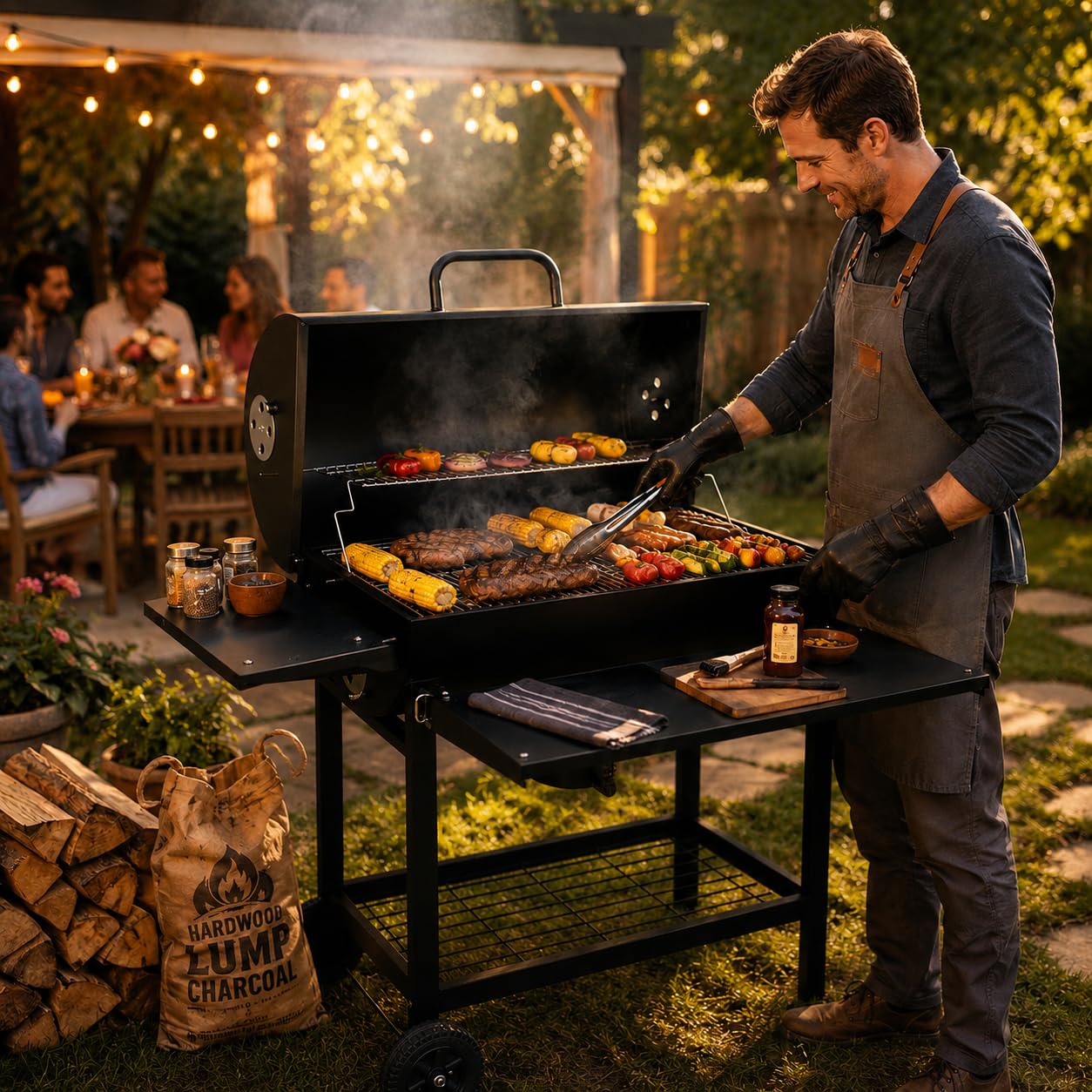 Profi Smoker Grill Holzkohle Grillwagen XL 103x110x59 cm, schwarzer BBQ Standgrill aus Stahl mit Deckel, Grillrost, Warmhalterost, Aschebehälter, Ablagen, Luftregulierung & Rädern für Garten Party