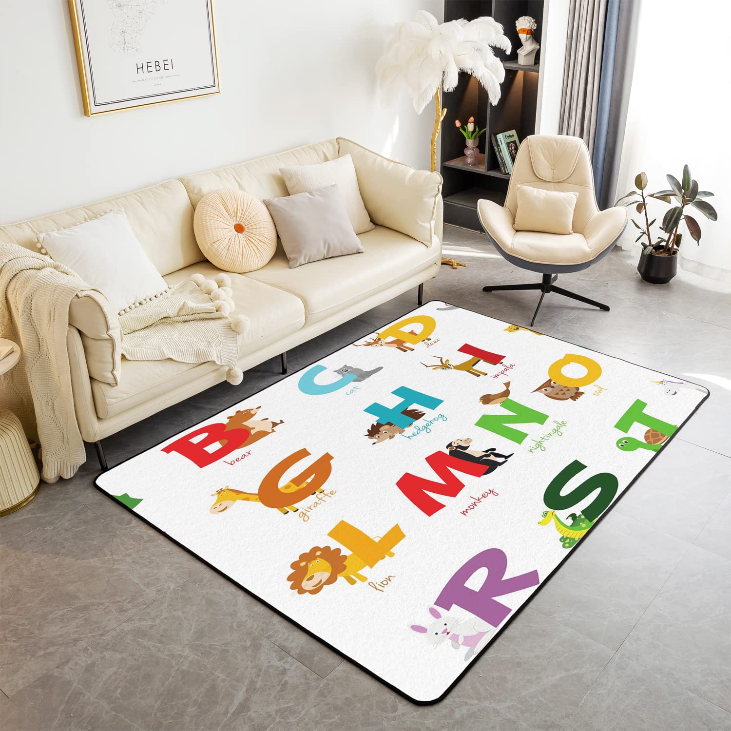 Giraffen-Koala-Zoo-Tierteppich, ABC, Lernteppich für Kinder, super gemütlich, Alphabet-Teppich für Wohnzimmer, Schlafzimmer, Kleinkind, Bodenmatte, Heimdekoration, 150 x 200 cm