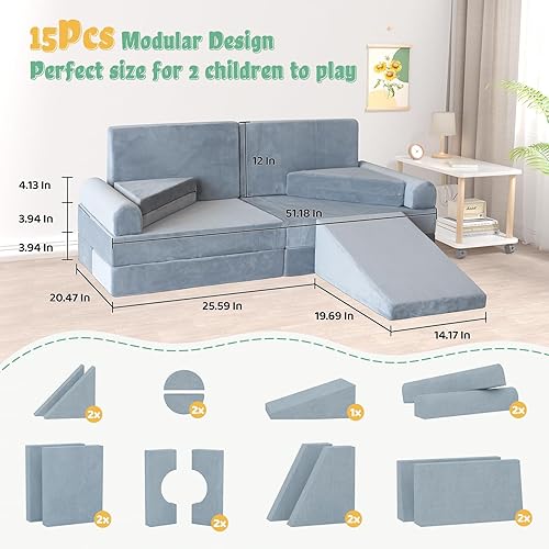 Miniatura 2 de Sofá modular de 15 piezas para niños, sofá de bebé para inspirar la creatividad infantil, sofá convertible de esponja para sala de juegos,