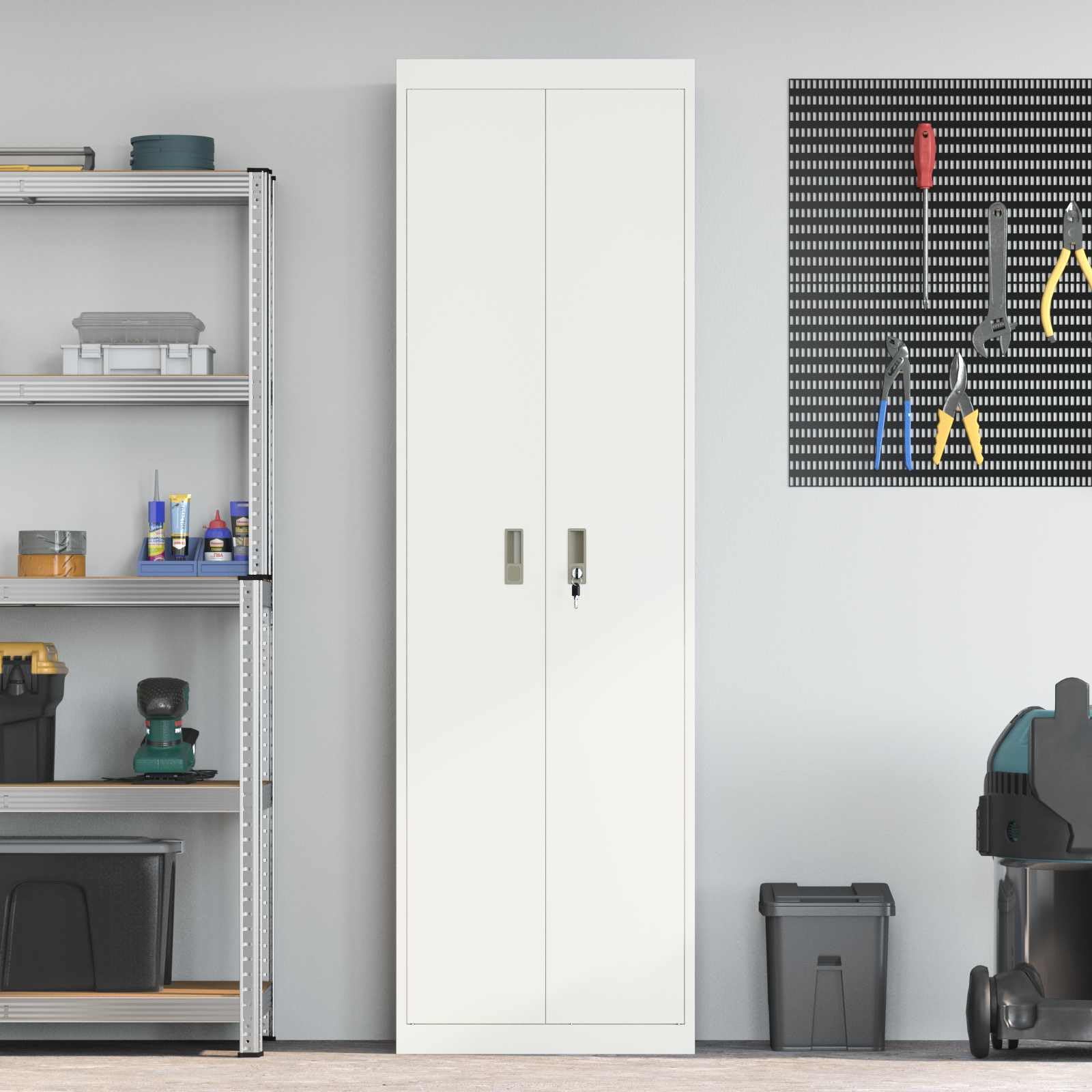 Armoire de rangement blanche en acier 60 x 40 x 200 cm, armoire de bureau verrouillable avec surface revêtue de poudre, armoire polyvalente robuste