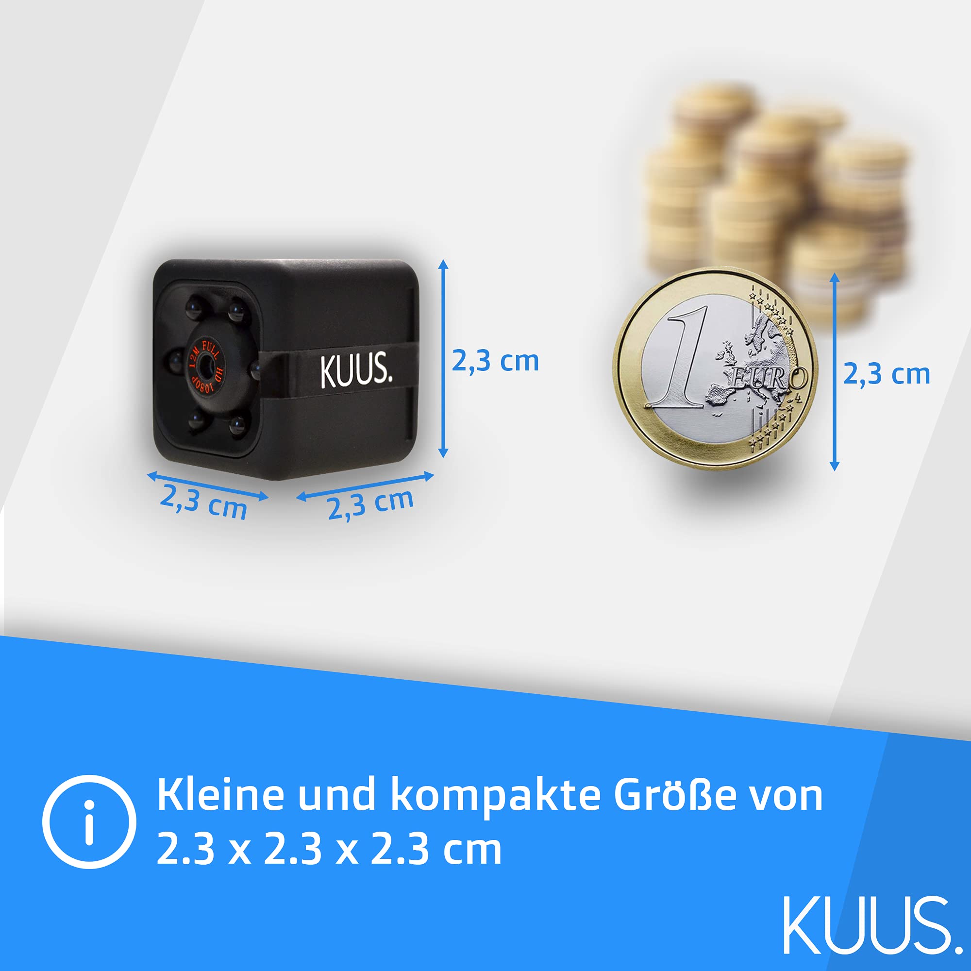 KUUS.® C1 Mini Überwachungskamera 2,3 cm | Kamera überwachung innen mit Nachtsicht & Bewegungsmelder | Full HD 1080P Micro Camera ohne WLAN mit aufzeichnung 32-GB SD Speicherkarte für Innen