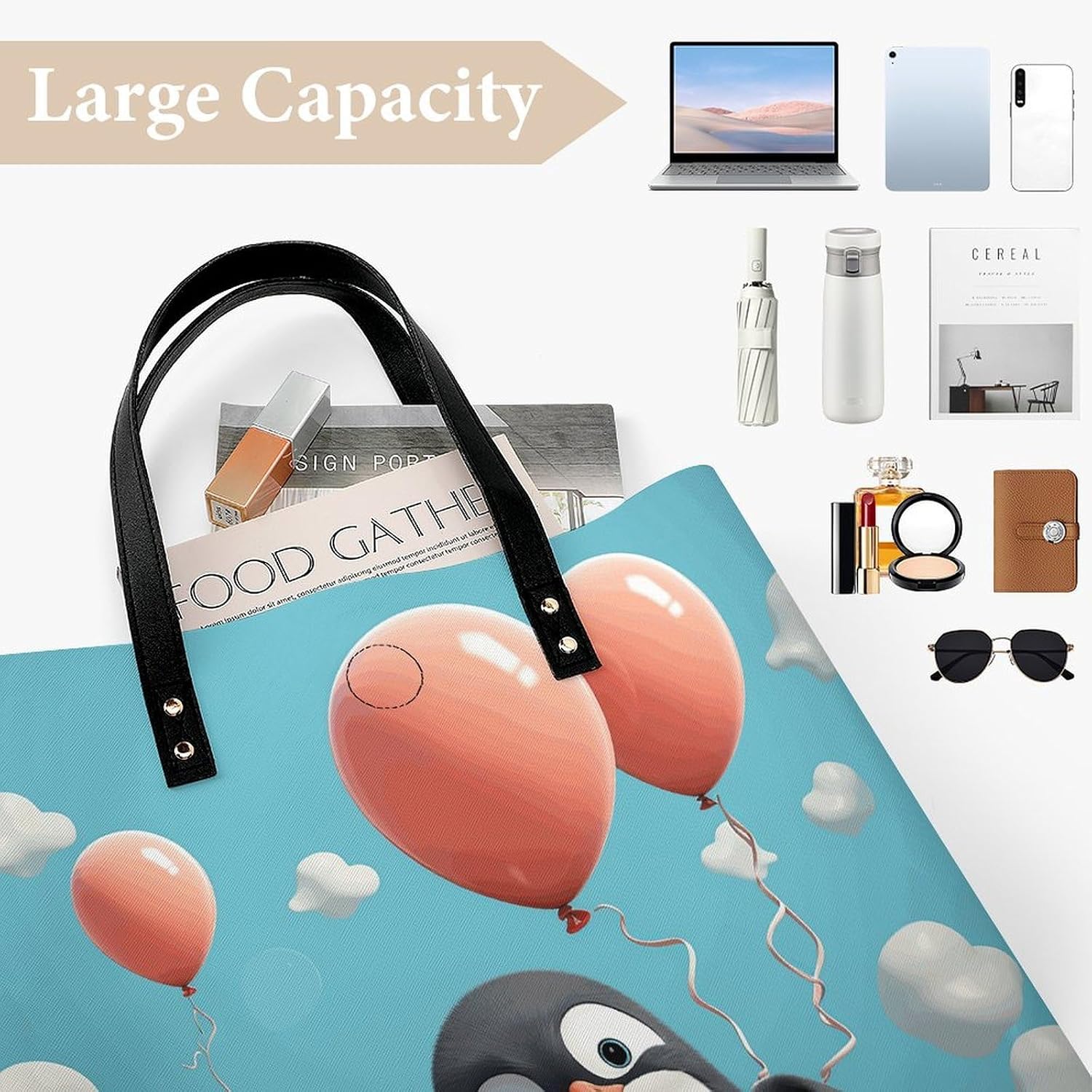 Cute Penguin with Balloon Handbags Large Capacity, Tote Bag Stylish Slouchy, Shoulder Bags for Work Beach Travel And Shopping Grocery.