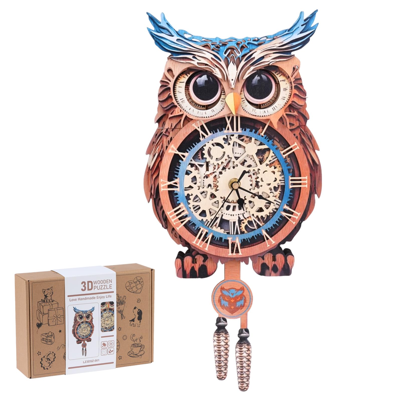 WEBYEARO 3D Wooden Puzzles for Adults, Owl Clock with Pendulum Model Kit, 3D Puzzles for Adults Room Home Decor DIY Wall Clock Kit, Holiday Birthday Christmas Day Gifts for Men Women