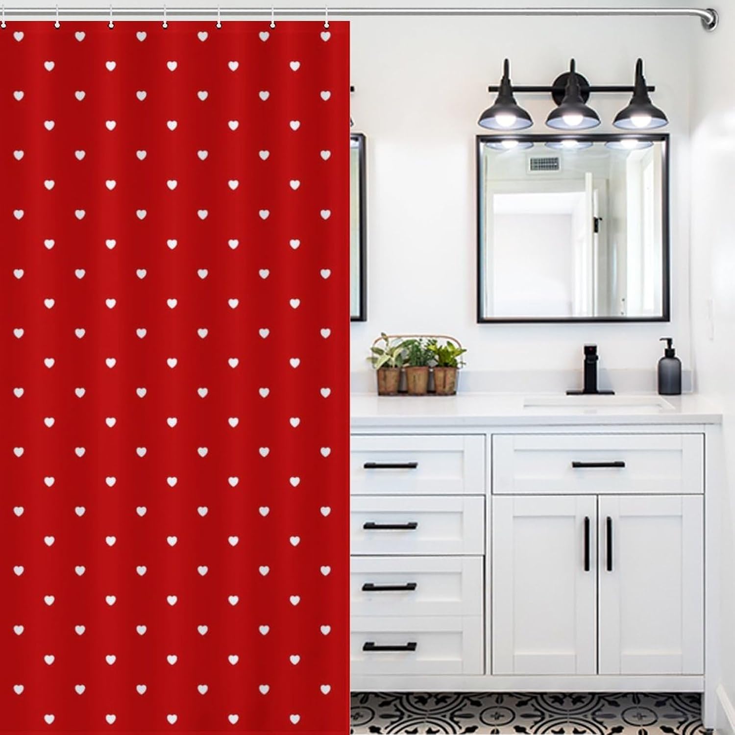 Shower Curtain Liner Set， Cute Valentine's Day Red Hearts Waterproof Fabric Curtains for Bathroom Bathtub Decor, 60 X 72inch