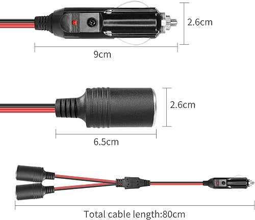 Miniatura 4 de Cable divisor en Y para encendedor de cigarrillos para automóvil, YACSEJAO 14 AWG 2 pies, 12 V24 V, 1 a 2, cable de extensión de 2 vías