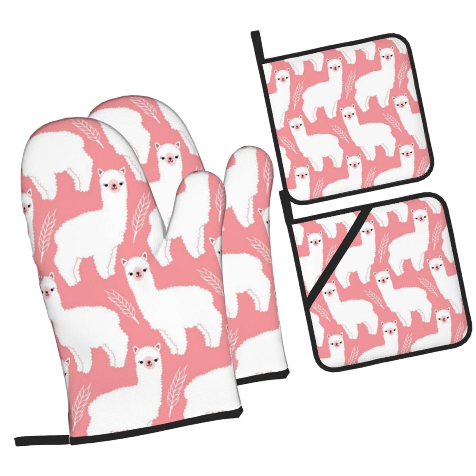 Alpaca Llama Printed Oven Mitts and Pot Holders Heat Resistant Set of 4 Pcs, Modern Kitchen Gloves & Potholders for Cooking Baking Grilling