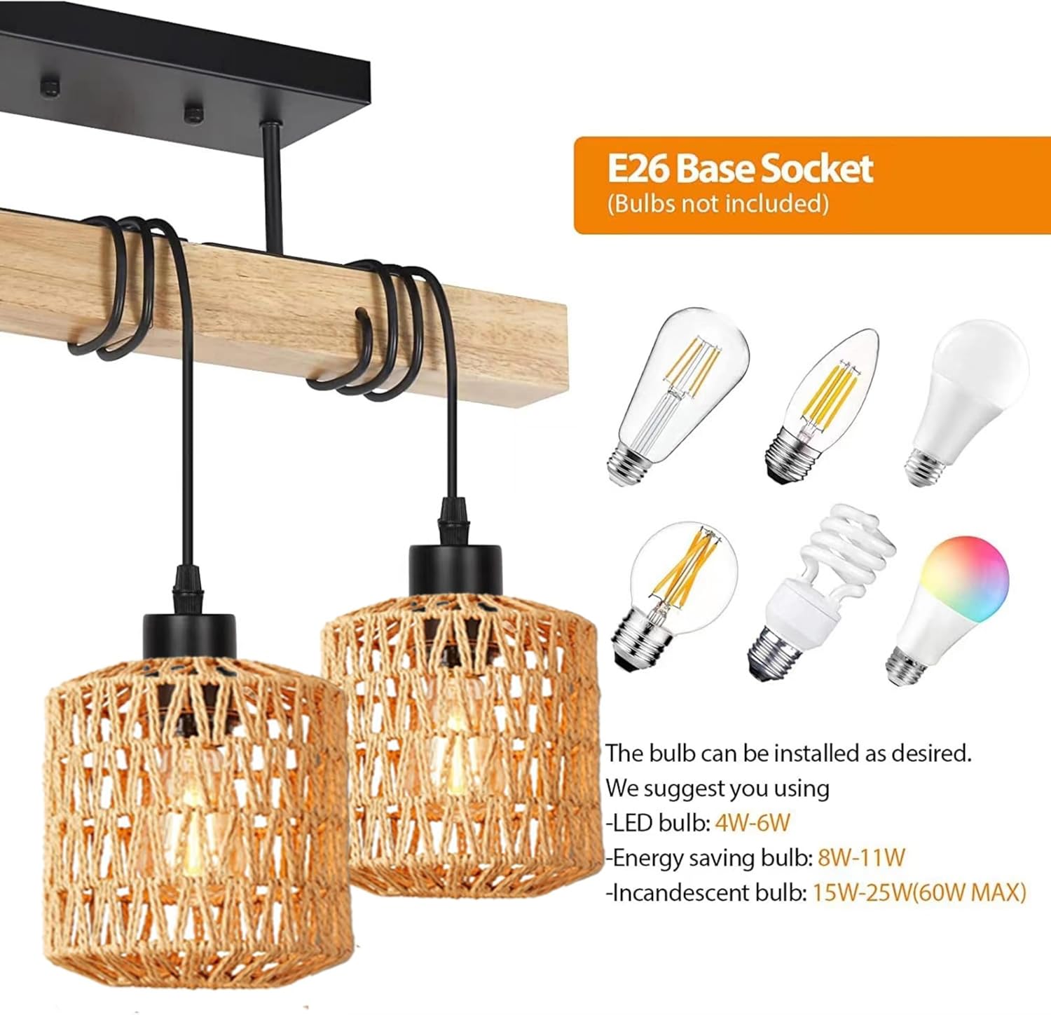 Wood Linear Kitchen Island Light, 3-Light Farmhouse Chandelier with Rattan Shade, Pendant Lighting Fixture for Kitchen Island Dining Room Pool Table Living Room